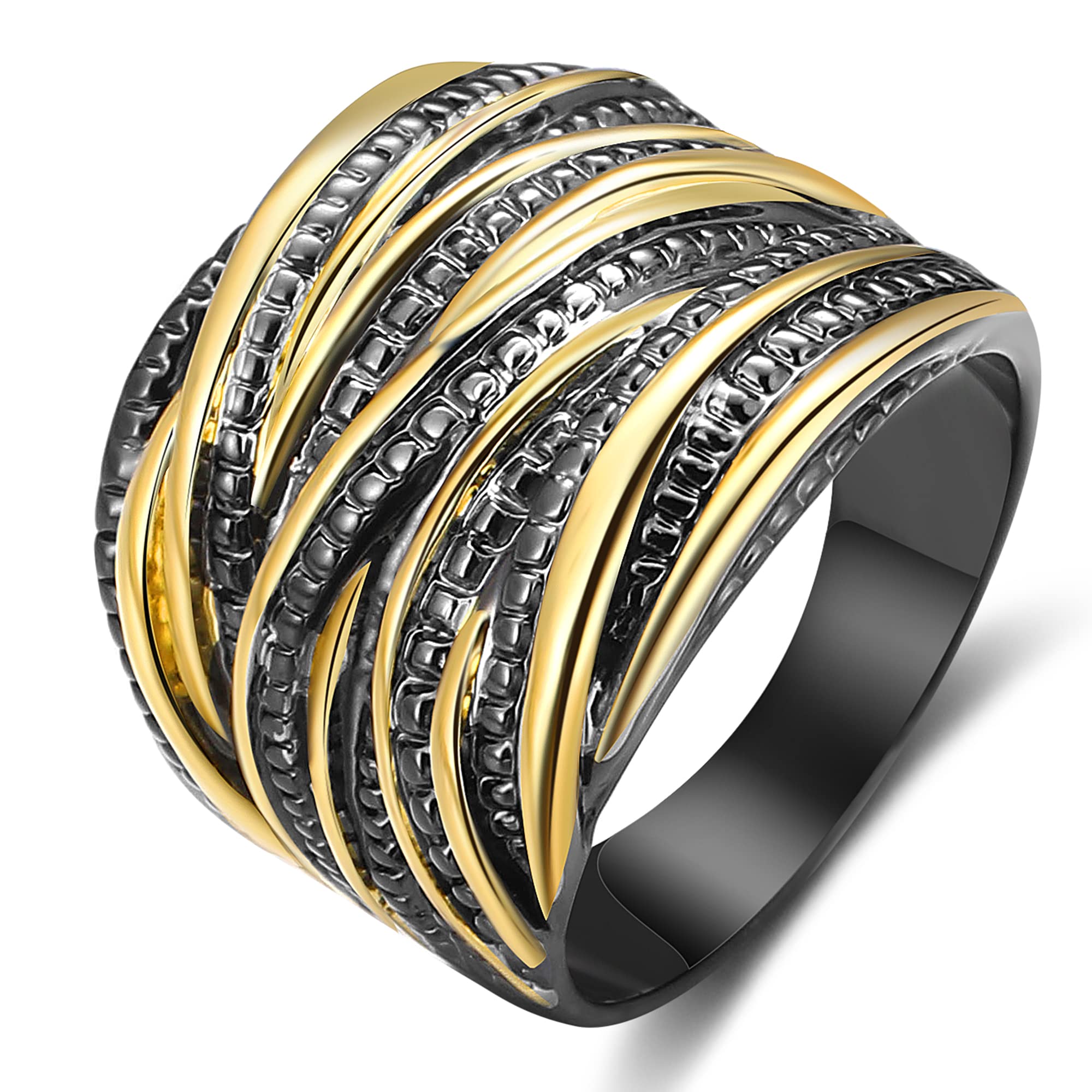 Mytys 2 Tone Intertwined Crossover Statement Ring Fashion Chunky Band Rings for Women Black Gold Silver Rose Gold Plated Wide Index Finger Rings Costume Jewelry (Gold and black, 7)