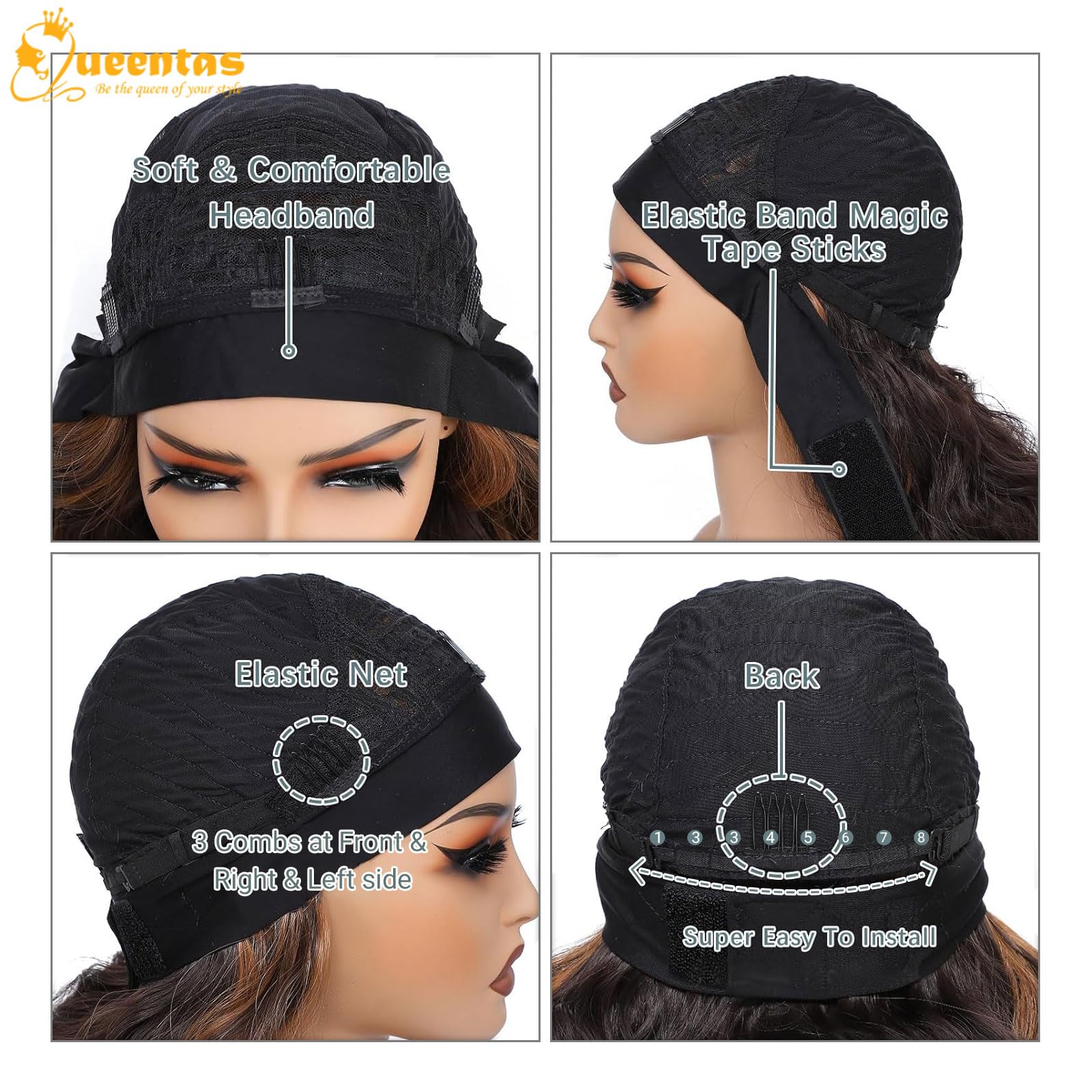 QUEENTAS 13 Bob Headband Wigs for Black Women Natural Black Bob Straight Hair Synthetic Headband Wigs Shoulder Length No Lace Ea
