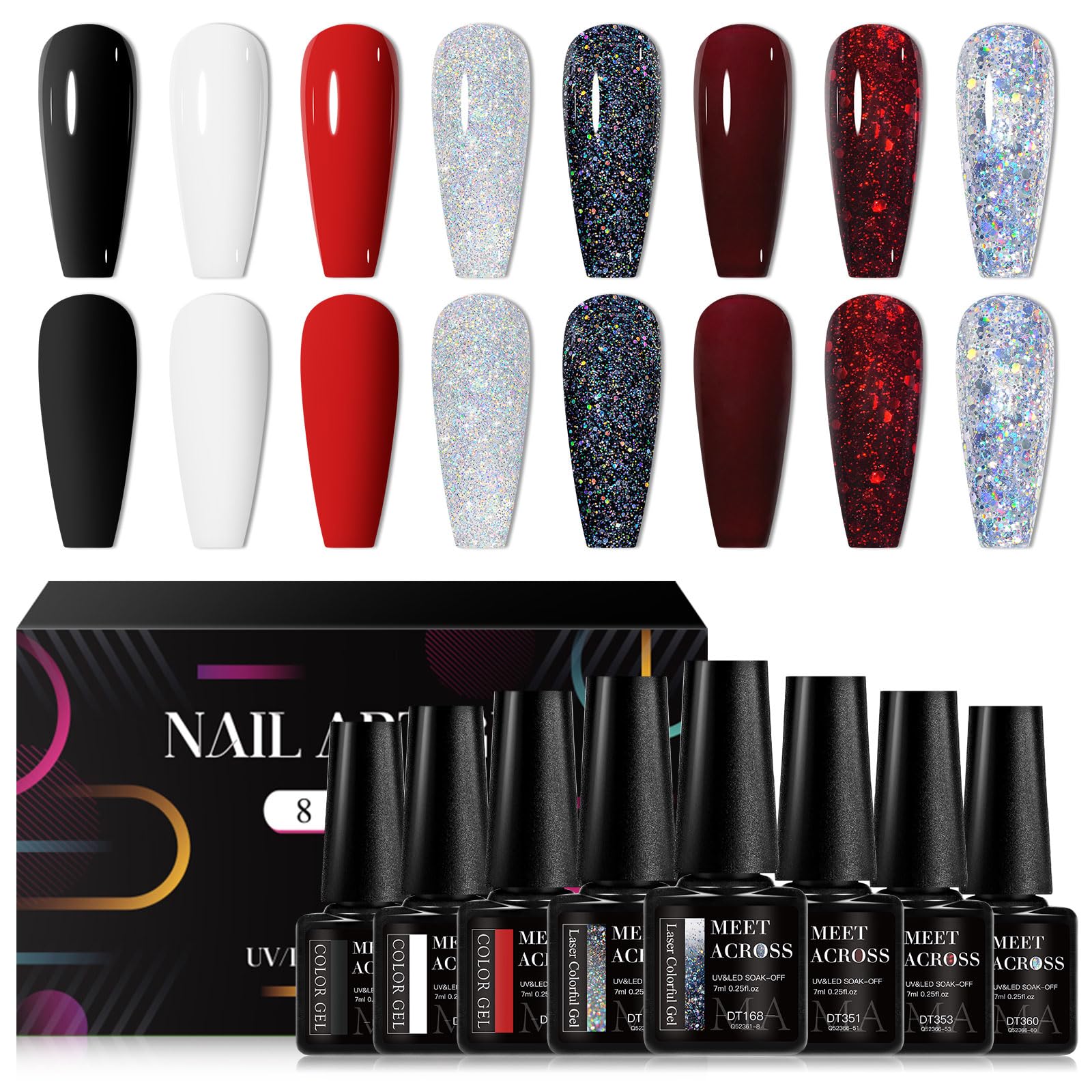 MEET ACROSS Gel Nail Polish Set, 8PCS Red White Black Gel Nail Polish Kit, Soak Off UV/LED Nail Polish Nail Art Design Salon Hom