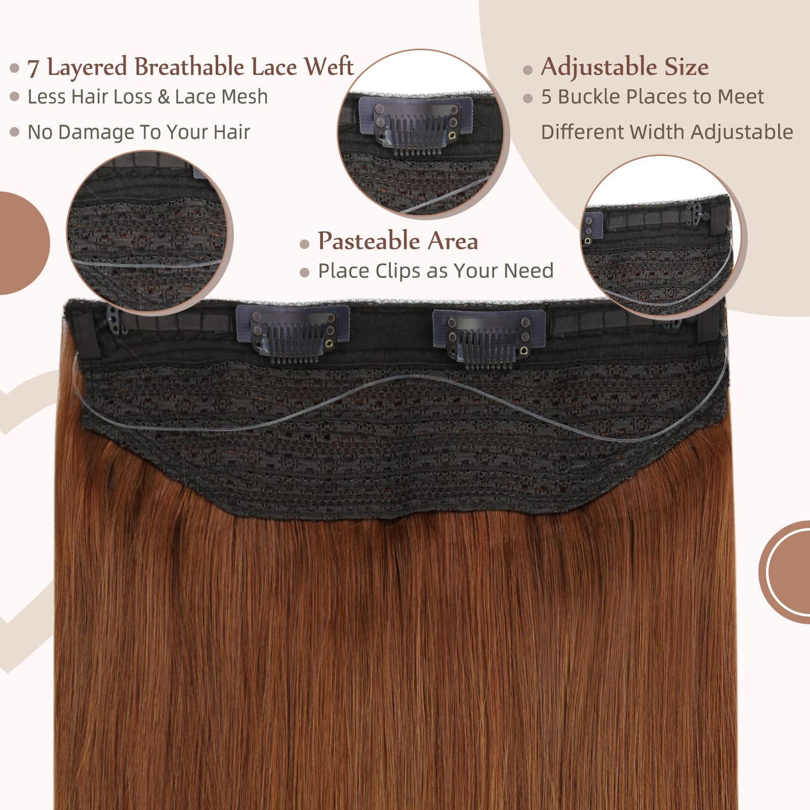 Fshine #550 Wire Hair Extensions Human Hair Pumpkin Spice Invisible Hair Extensions Real Human Hair Copper Red Fish Line Hair Ex