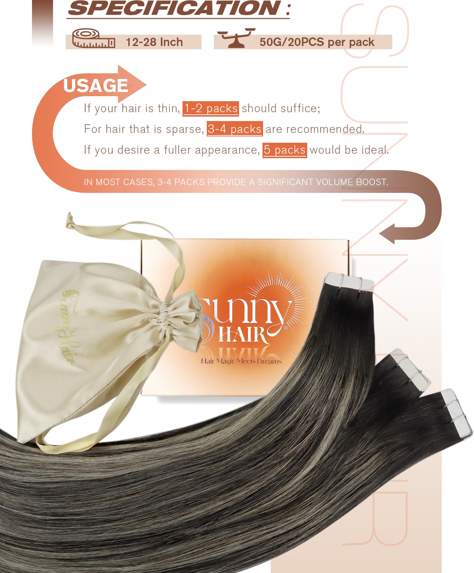 Sunny Hair Tape in Hair Extensions Real Human Hair Invisible Remy Hair Extensions Tape ins for Women Natural Black Roots to Silv
