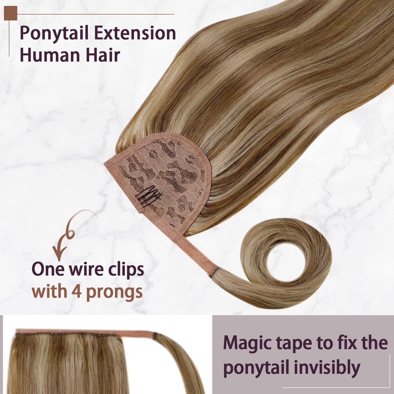 RUNATURE Blonde Human Hair Ponytail Extension 16 Inch Straight Clips Ponytail Hair Extensions Human Hair Thick Dark Blonde with