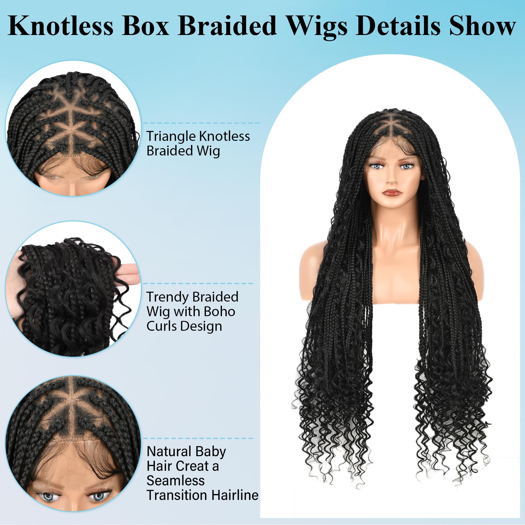 Olymei Boho Braided Wig Box Braid Wig Triangle Knotless Braided Wigs For Women Box Braid With Boho Curls Wig Braided Lace Front