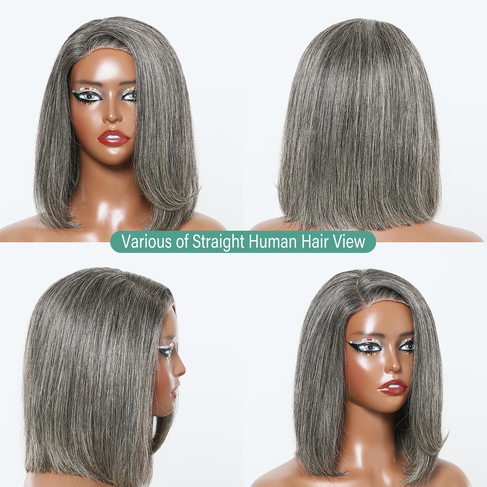 Baohuke 12'' Glueless Salt And Pepper Human Hair Wigs Staight Grey Bob Wig Human Hair 5X5 Closure Grey Hd Lace Front Human Hair