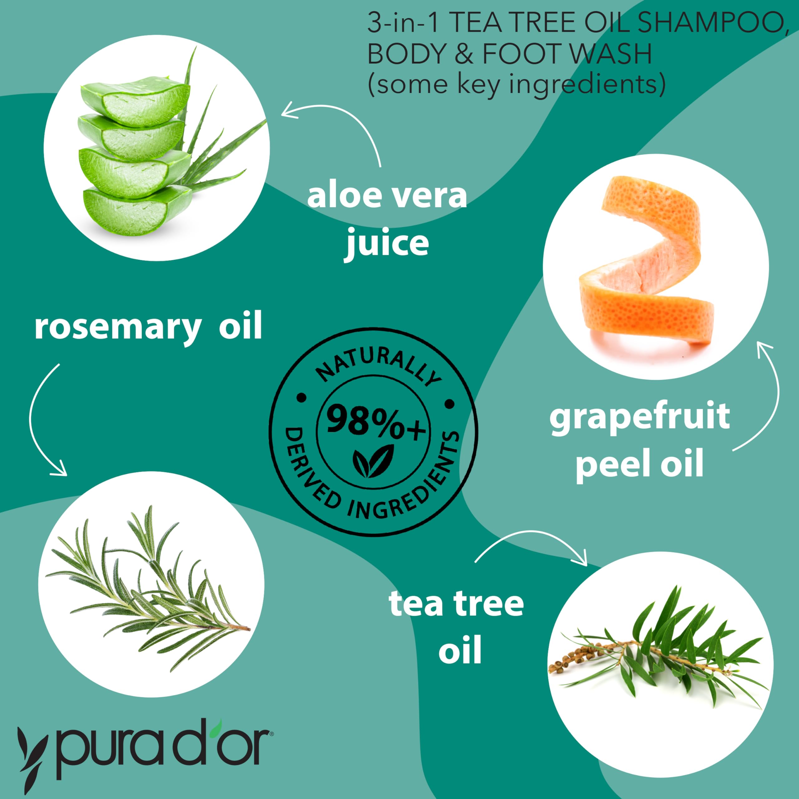 PURA D'OR 3-in-1 Tea Tree Shampoo, Body & Foot Wash, Shampoo (16oz x2 = 32oz) Total Body Care - Foot Odor & Daily Hygiene, Clean