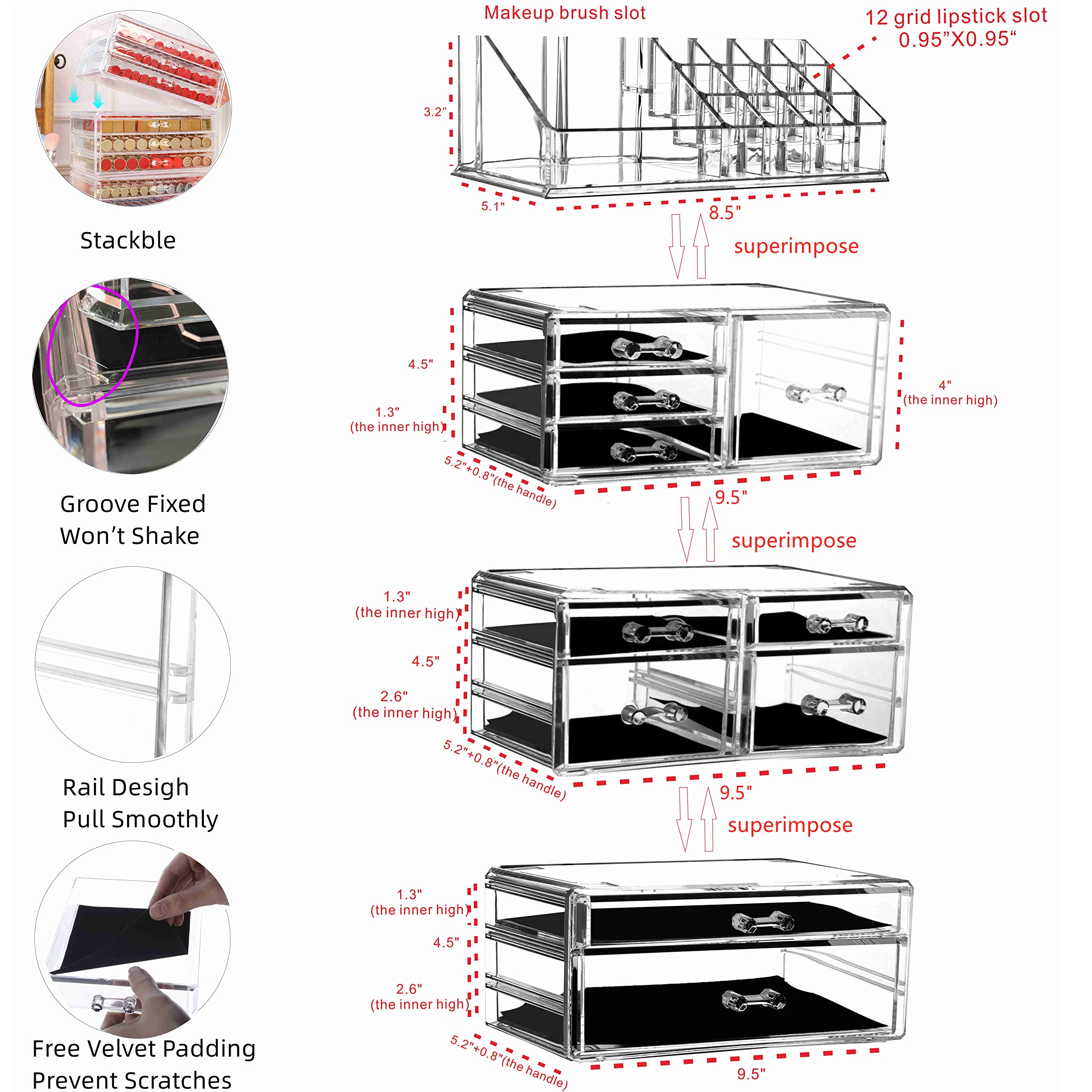 Cq Acrylic 4 Pack Clear Make Up Organizer Countertop,Stackable 10 Drawers Makeup Storage,Cute Vanity Organizers For Dresser Hair