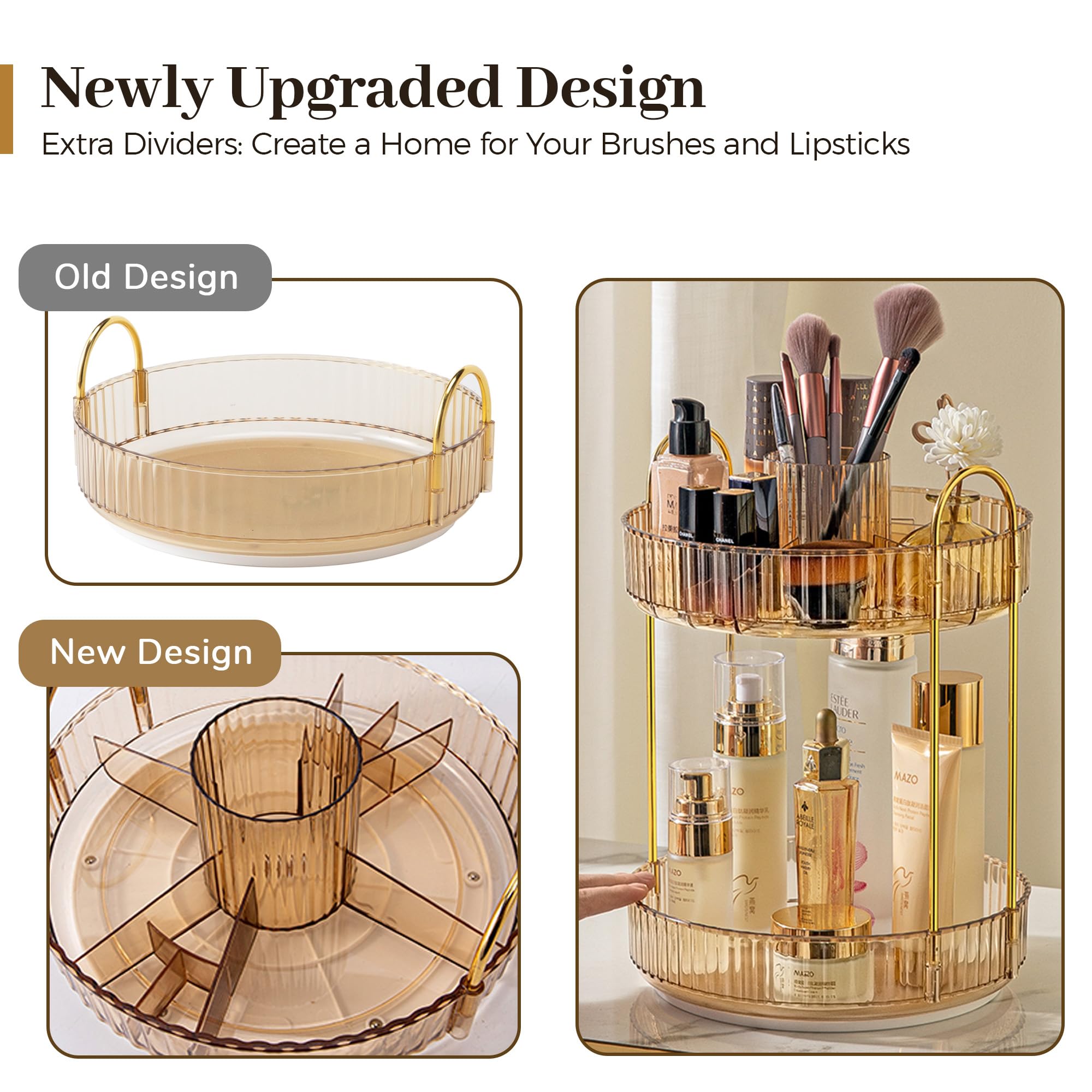 Aveniee 360 Rotating Makeup Organizer For Vanity, Upagraded Perfume Skincare Bathroom Counter Organizers With Brush Divider, Two
