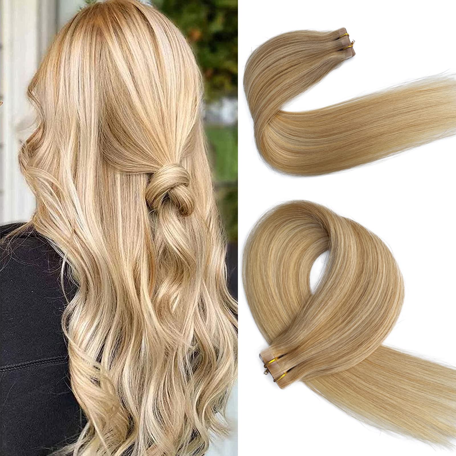 14Inch Balayage Blonde Tape In Hair Extensions Remy Hair 30G 20Pcs/Packs Strawberry Blonde With Bleach Blonde Silky Straight Reu