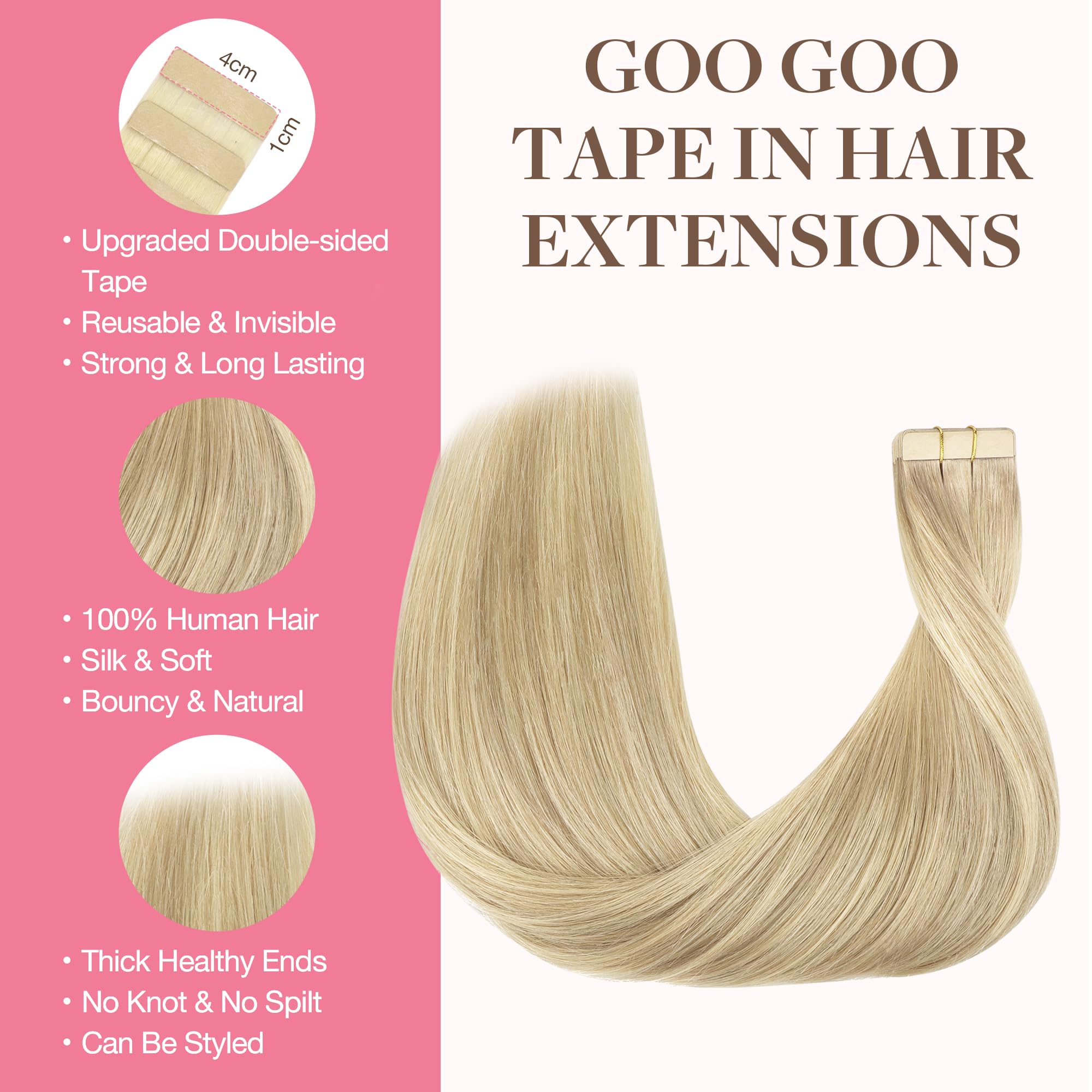 Goo Goo Tape In Hair Extensions Human Hair, 18Et90A Natural Blonde Balayage, 14Inch 100G 40Pcs, Thick Ends Straight Seamless Tap