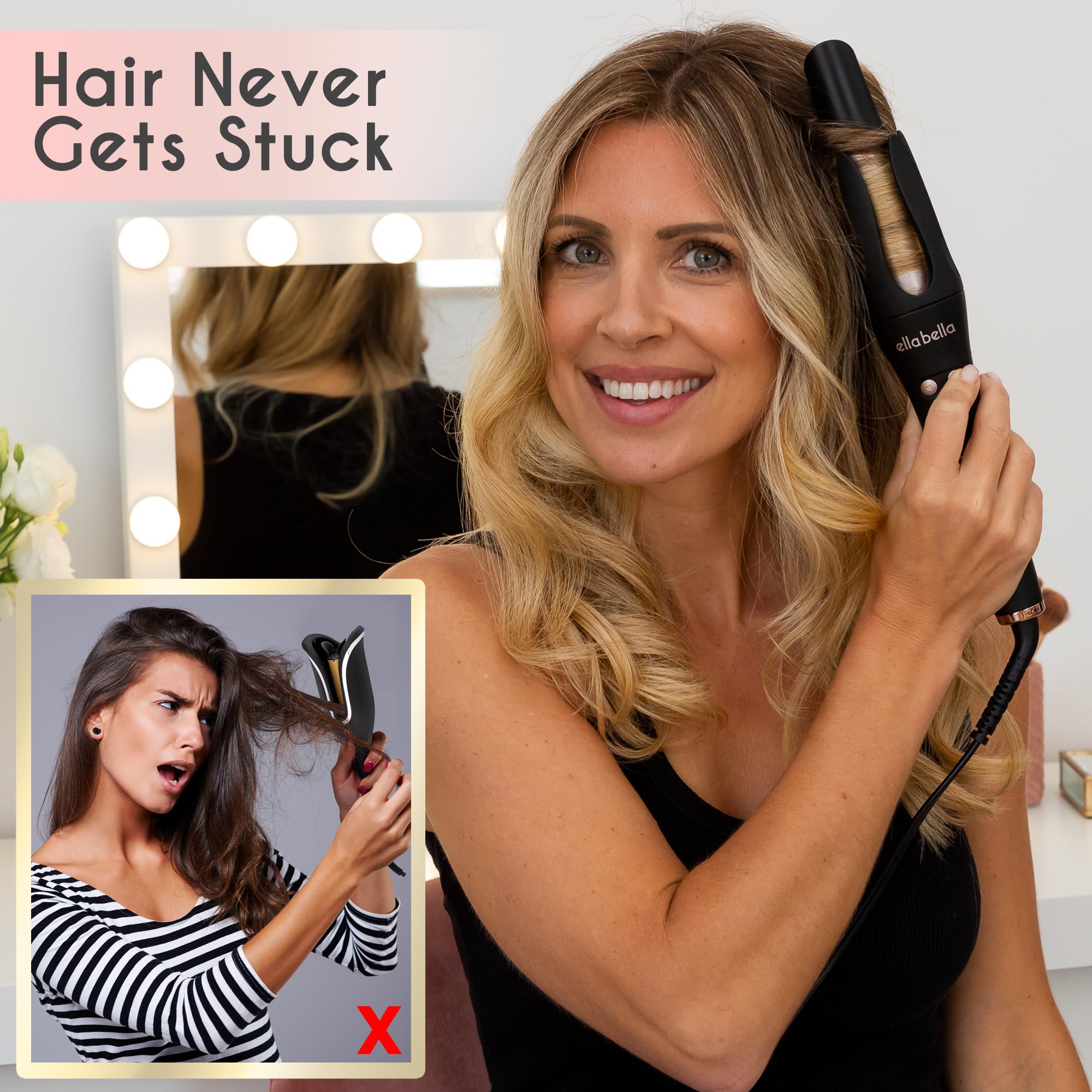 ELLA BELLA® Automatic Rotating Curling Iron - 1.2 Inch, Ceramic, Black/Gold - Easy to Use with Digital Display for Temperature Control