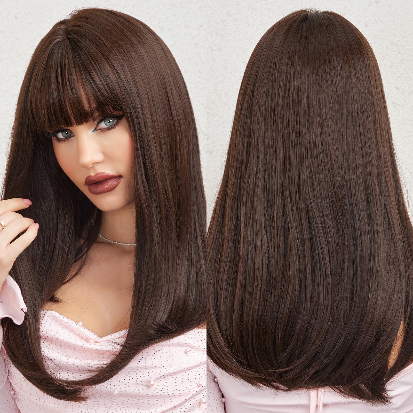 HAIRCUBE Dark Brown Synthetic Women's Wig Long Straight Layered and Heat Resistant