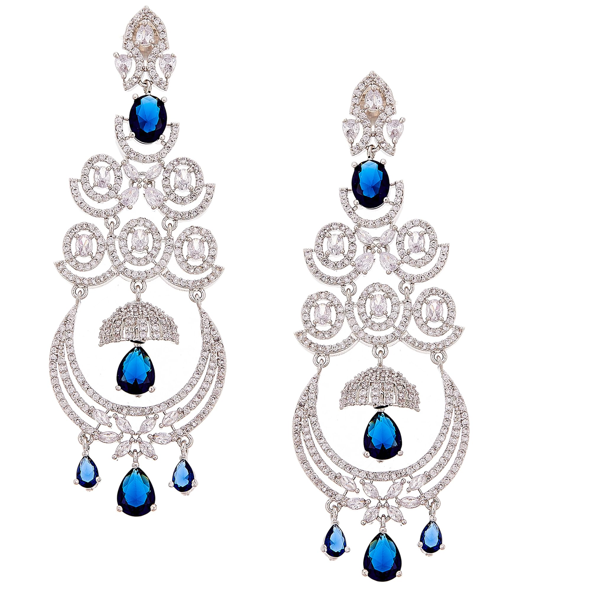Zeneme Floral Shaped American Diamond Dangle Chandelier Earring For Women And Girls (Blue Rhodium)