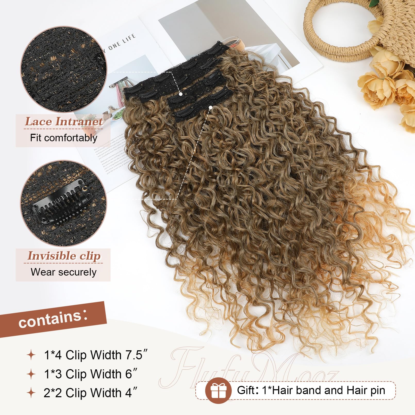 Clip In Hair Extensions, Flufymooz 4Pc 100% Pure Protein Silk Hair Extensions Long Soft Natural Hairpiece 20 Inch Curly Hair Ext