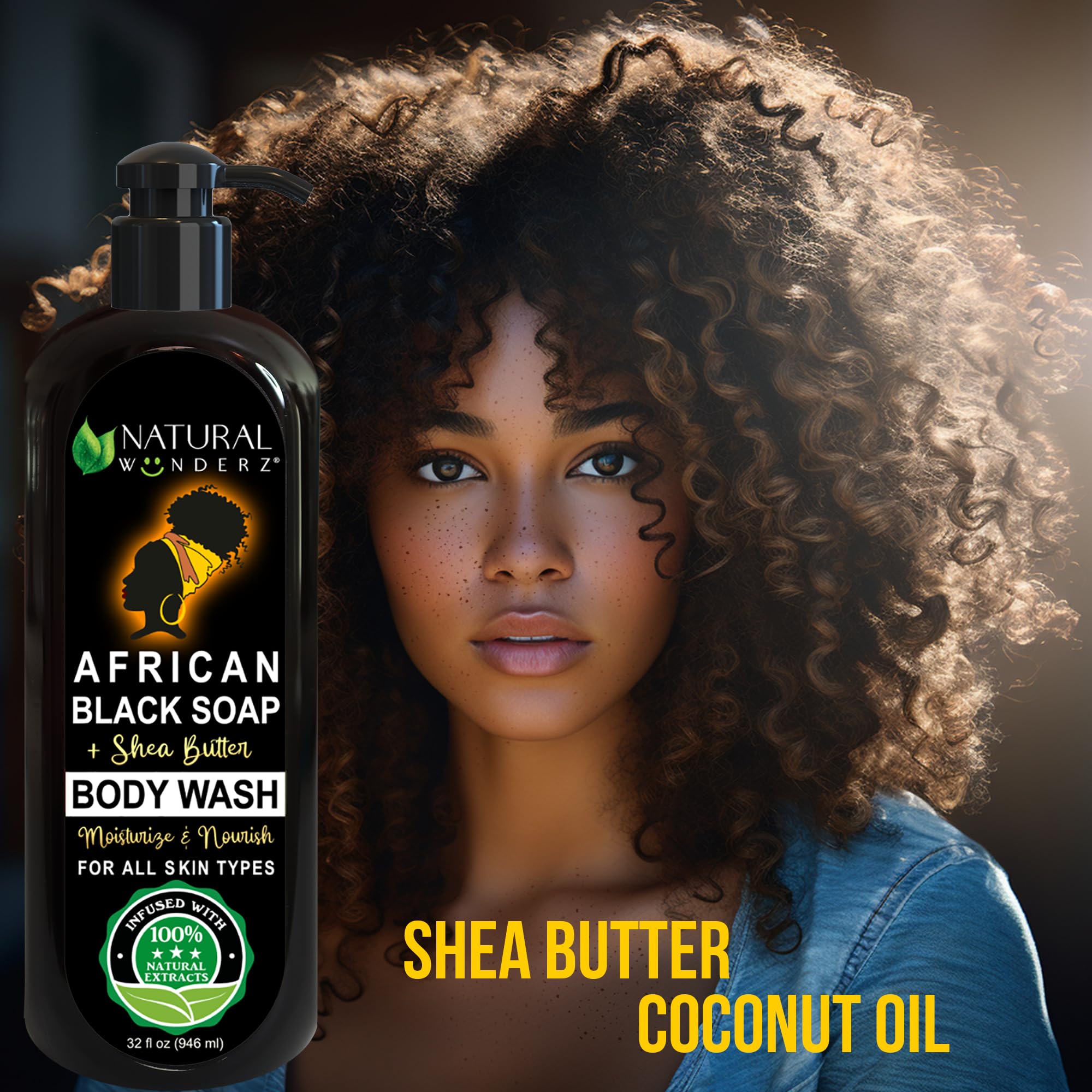 Natural Wunderz Body Wash With African Black Soap And Shea Butter, 32 Fl Oz Shower Gel, Promotes Acne Treatment, Contains All Na