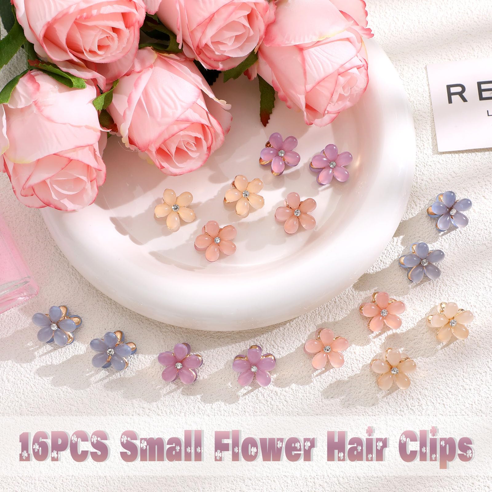 Cwjcytnsn 16Pcs Small Hair Claw Clips For Women Girls, Mini Crystal Flower Hair Clips, 0.8'' Cute Metal Hair Pins, Nonslip Flowe