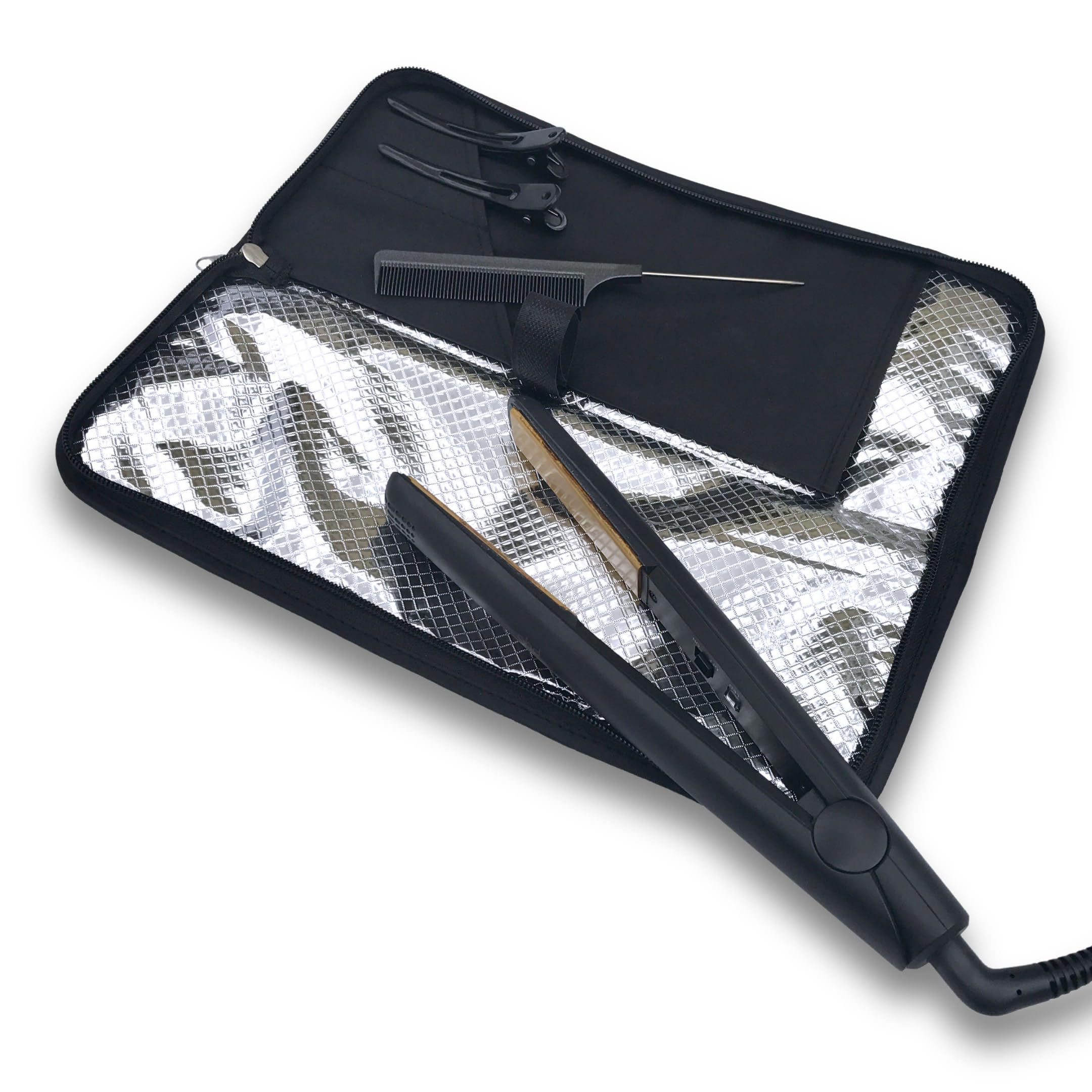 Hair Straightener Mat & Pouch By J&M - Heat Resistant - Fits Ghd, Babyliss & Larger Flat Irons - Zip-Up All-In-One Compact Trave
