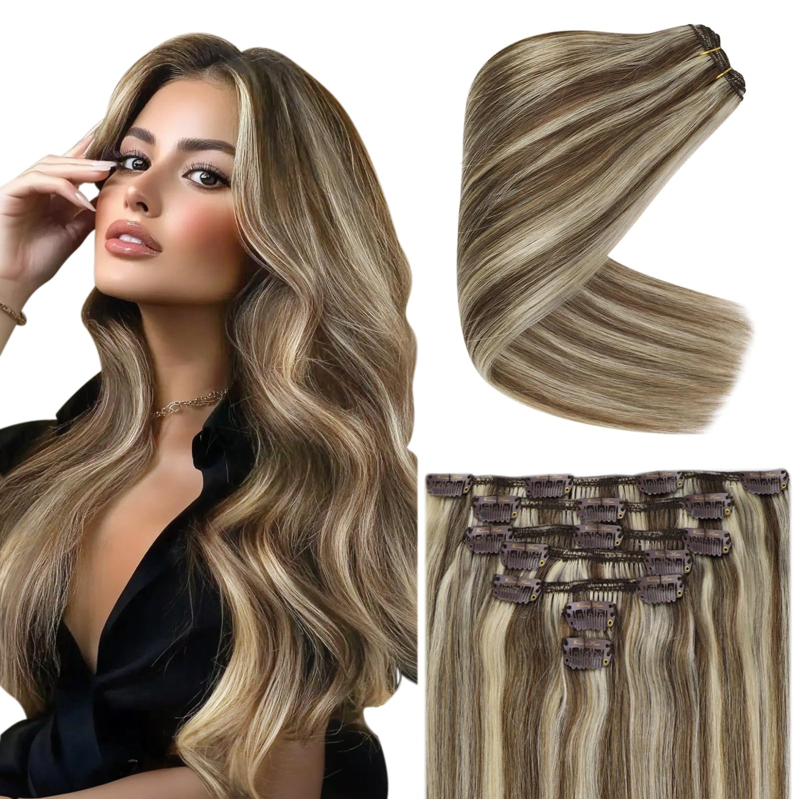 Ve Sunny Clip on Hair Extensions Human Hair Highlights Real Hair Clip in Extensions Light Brown with Platinum Blonde Highlights 