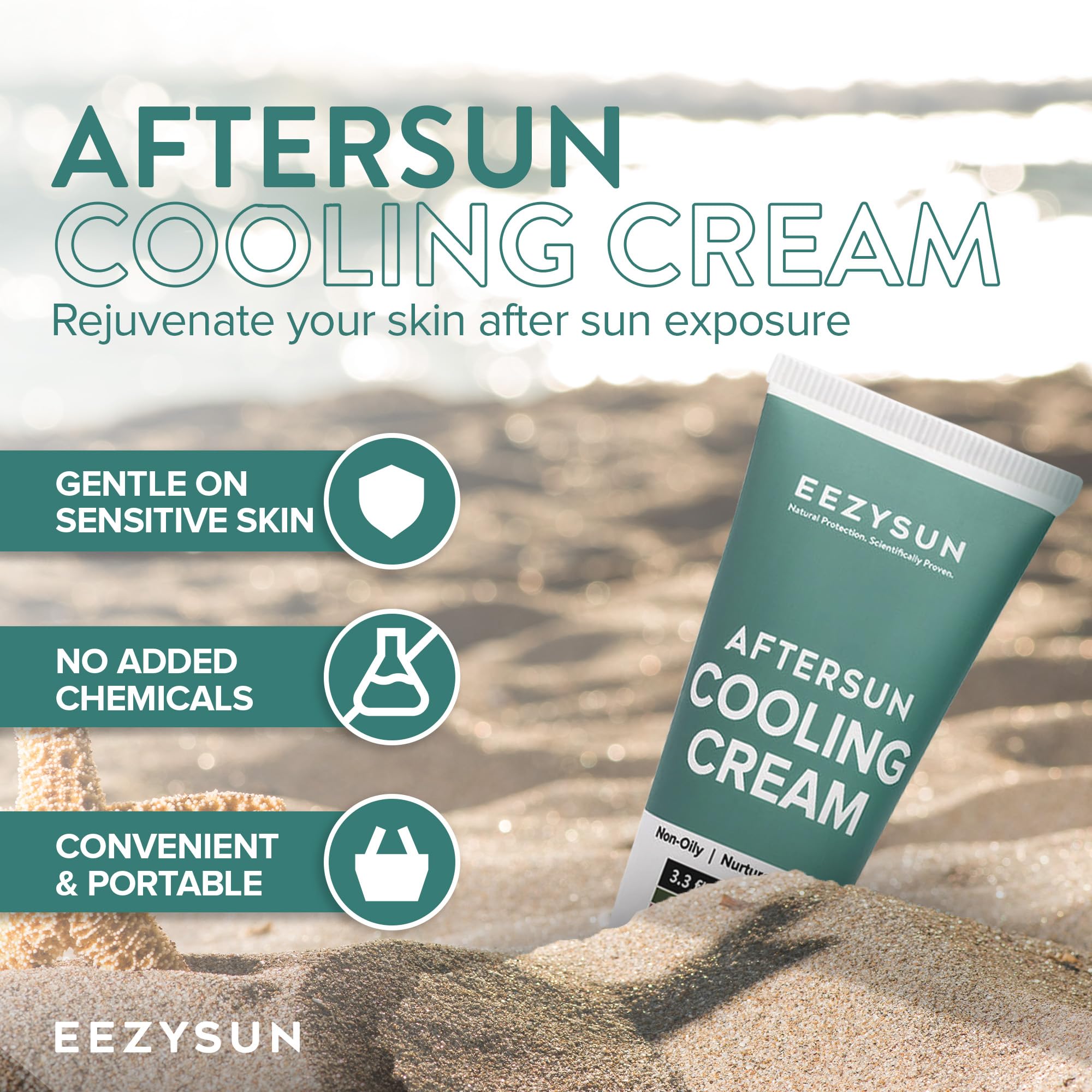 EEZYSUN AfterSun Cooling Cream | Vegan AfterSun Care with Aloe Vera, Tea Tree Oil, & Chamomile to Soothe, Hydrate, & Repair Sunb