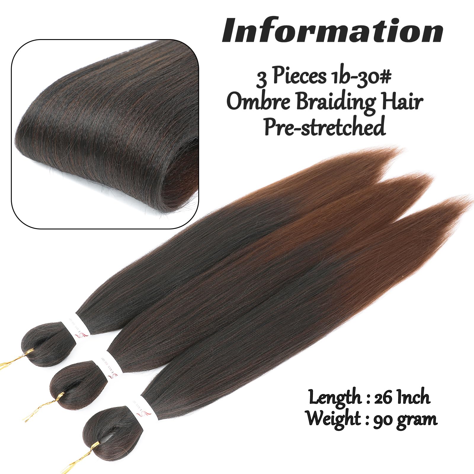 Royota Braiding Hair Pre Stretched Ombre Brown 26 Inch 3 Pieces 1B/30 Two Tone Prestretched Ez Braid Synthetic Soft Yaki Knotles