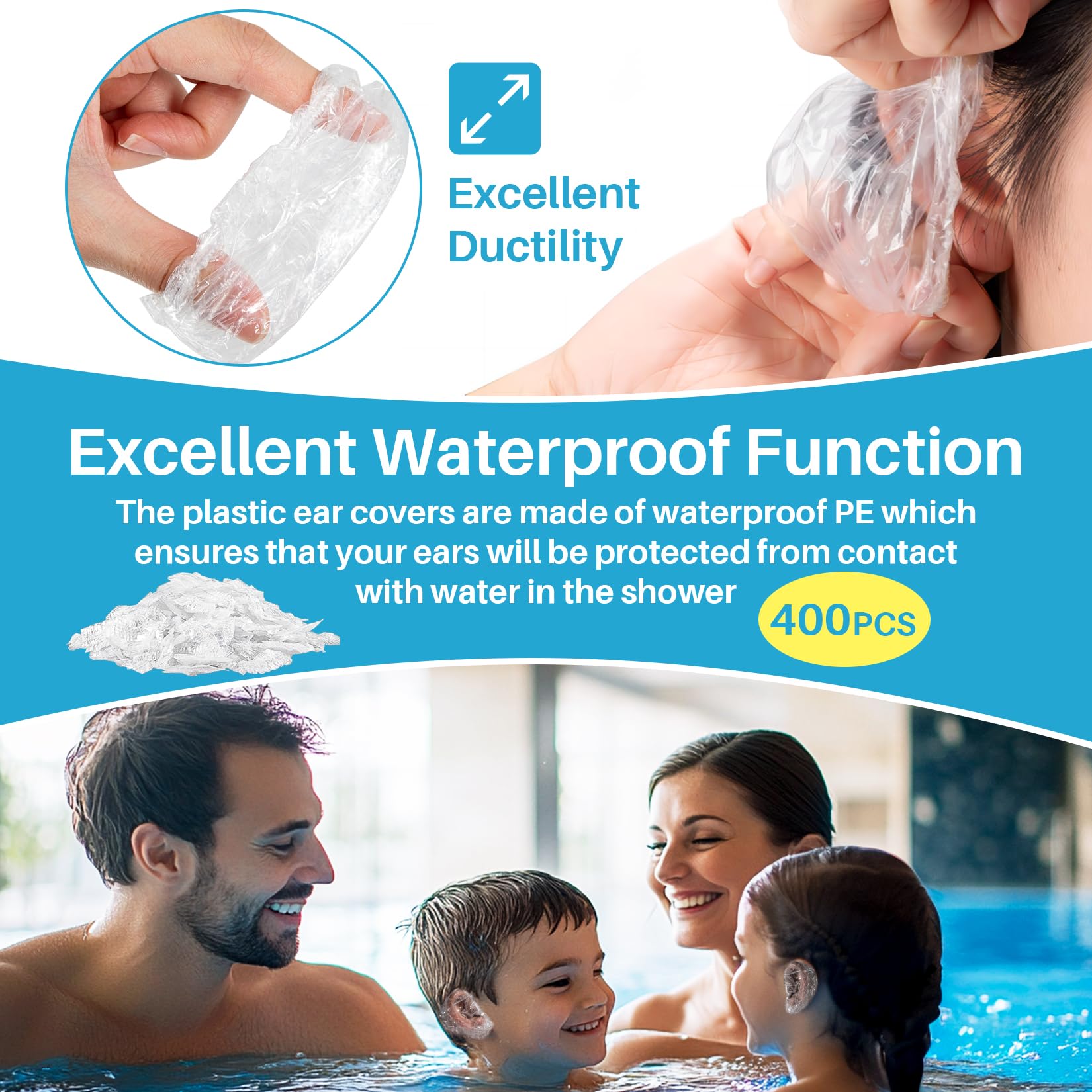 MAQIHAN Disposable Ear Covers - 300 Pack Waterproof Plastic Ear Protection for Hair Dye, Shower, Salon, Home - Transparent, Size A