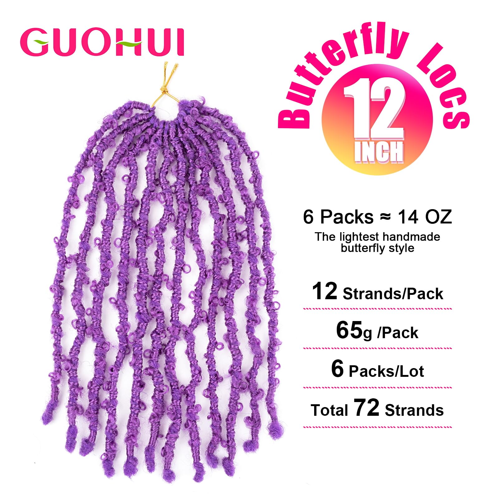 Guohui Super Light Butterfly Locs Crochet Hair 12 Inch 6 Packs Pre-Looped Soft Distressed Faux Locs Braids For Women Kids (12 In