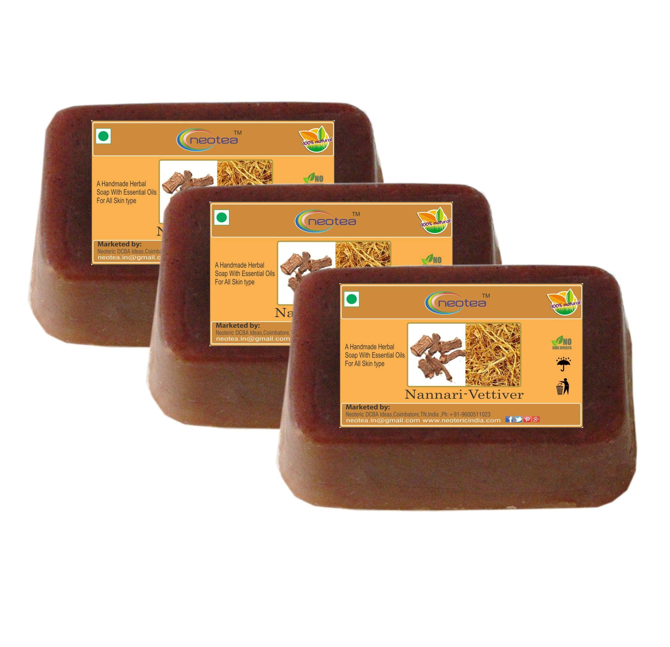 Neotea Handmade Herbal Soap Combo  Nannari Vettiver, 225 G (Pack Of 3)
