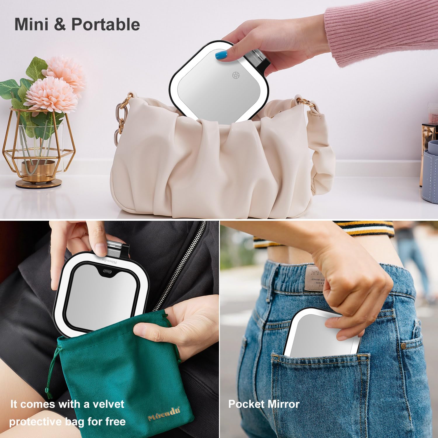 Mocado Compact Travel Makeup Mirror, 1X/20X Magnifying Mirror with Light, Double Sides Compact Mirror with 3 Color Light, Dimmab