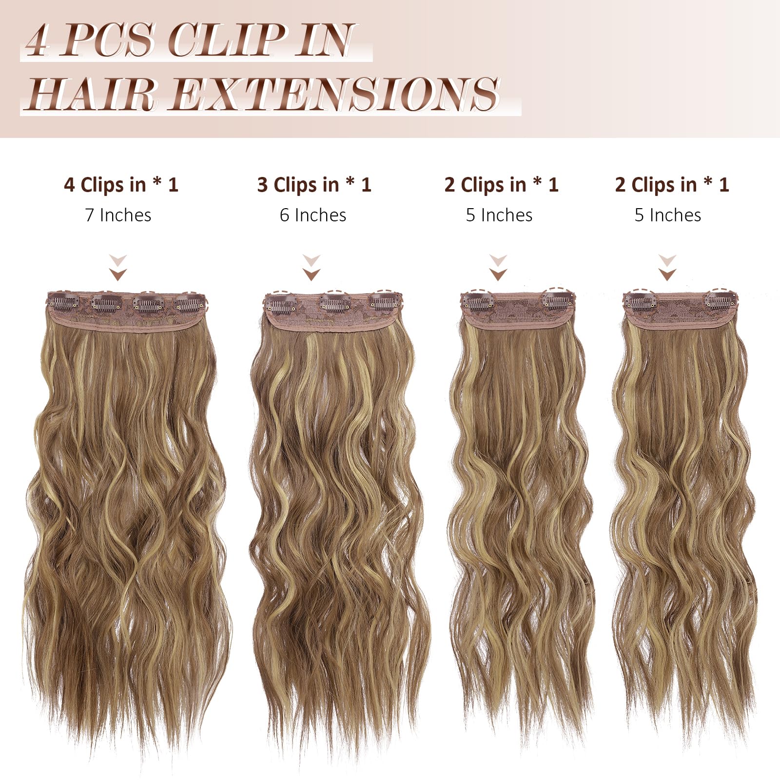 Feshfen Clip In Hair Extensions 4 Pcs Light Brown & Blonde Thick Highlighted Hairpieces Long Wavy Clip In Hair Piece Full Head S