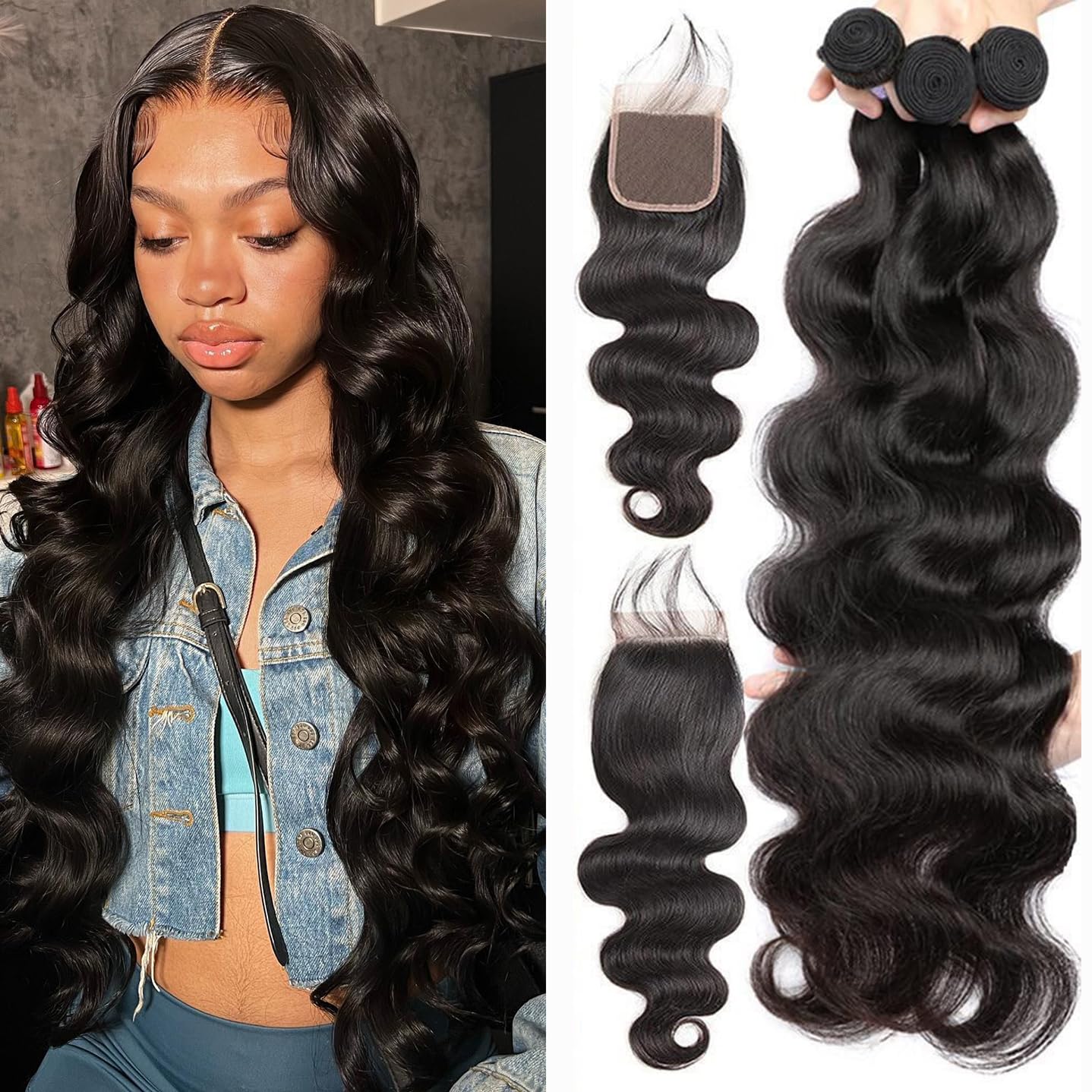 Releek Body Wave Human Hair Bundles with Lace Closure Brazilian Virgin Hair Weave 3 Bundles Long Body Wave with Closure (26 28 3