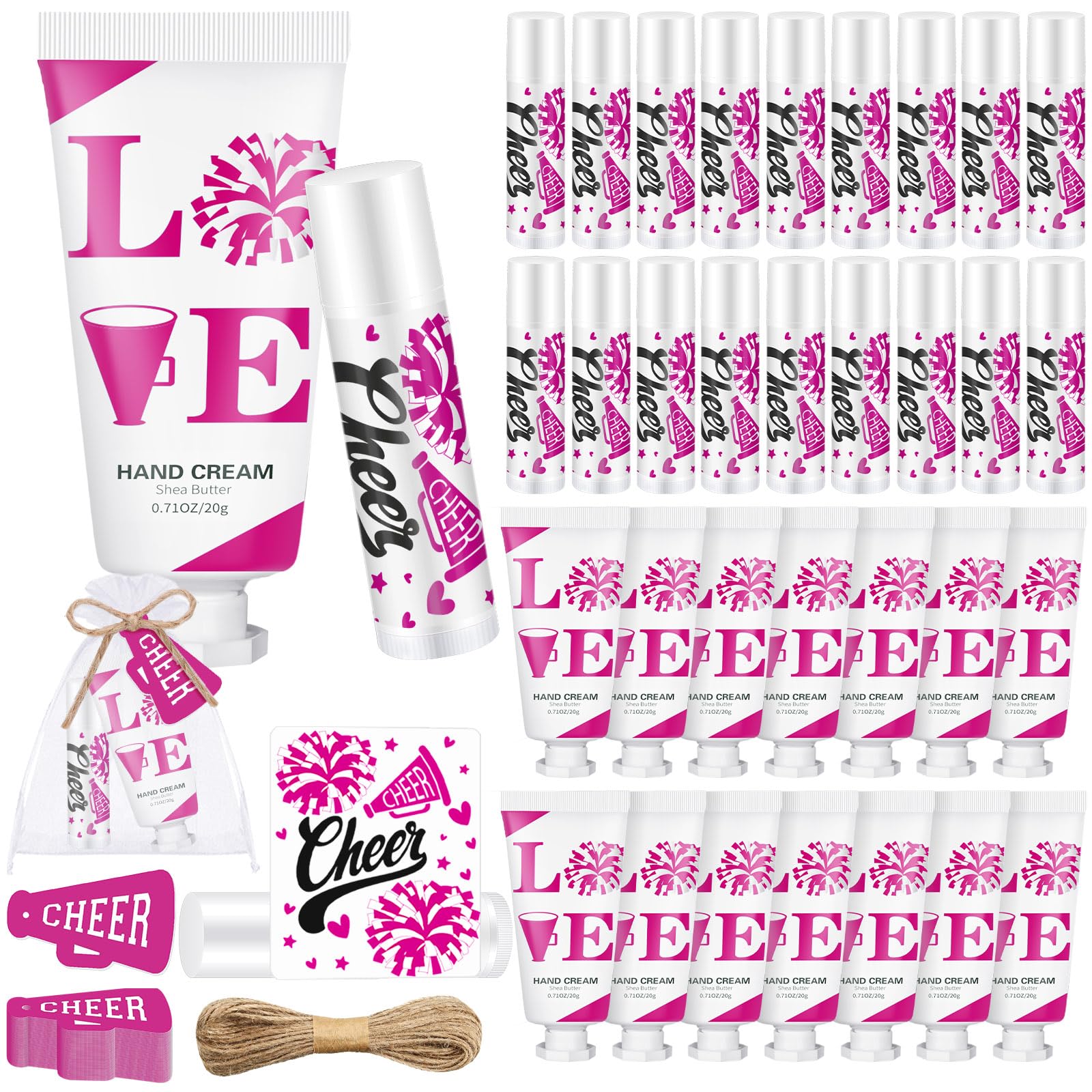 Heigble 144 Pcs Cheerleading Lip Balms Hand Cream Sets Pink Cheerleading Party Supplies Including 36 Lip Balm and Moisturizing H