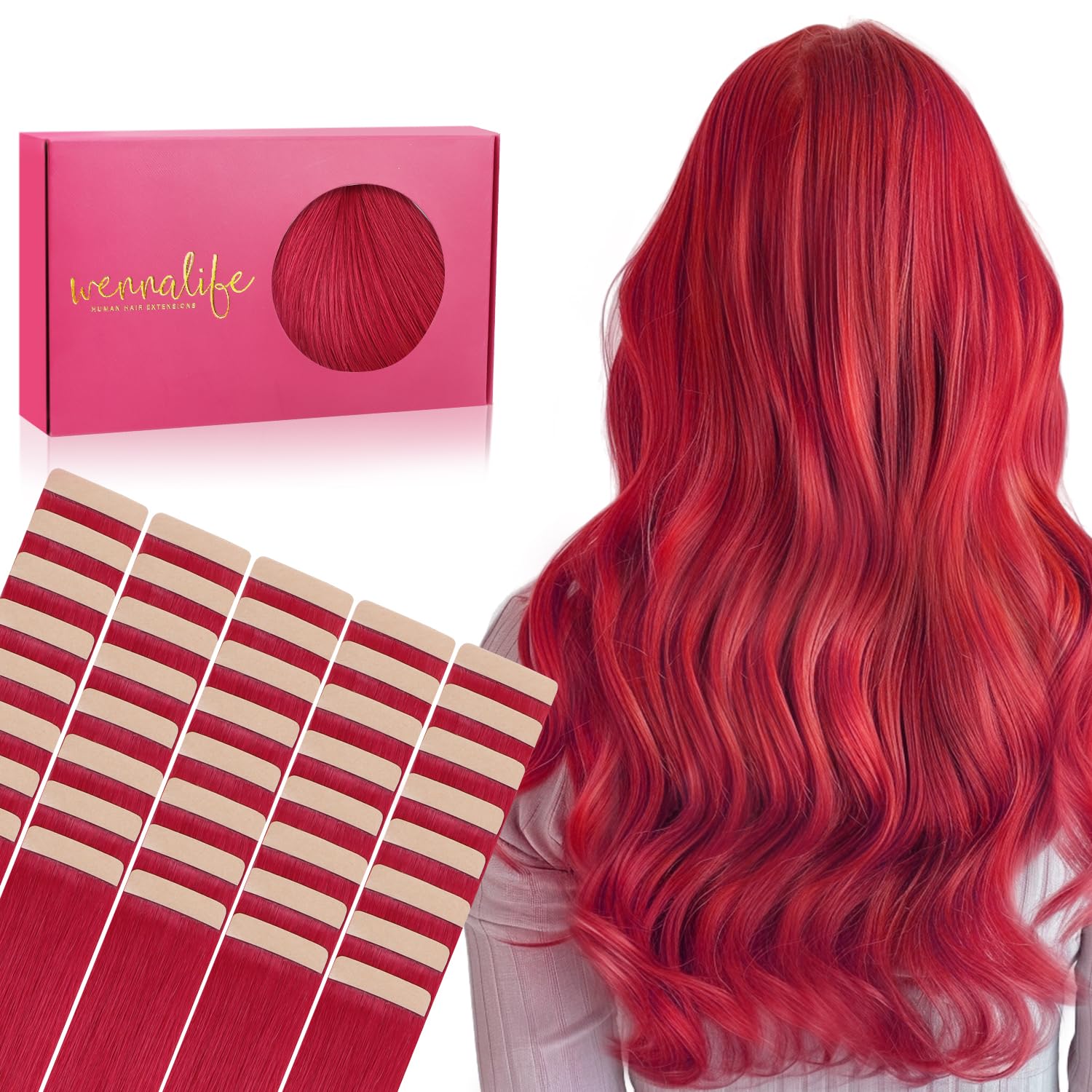 Wennalife Tape In Hair Extensions Human Hair, 40Pcs 80G 12 Inch Red Hair Extensions Real Human Hair Straight Tape In Extensions
