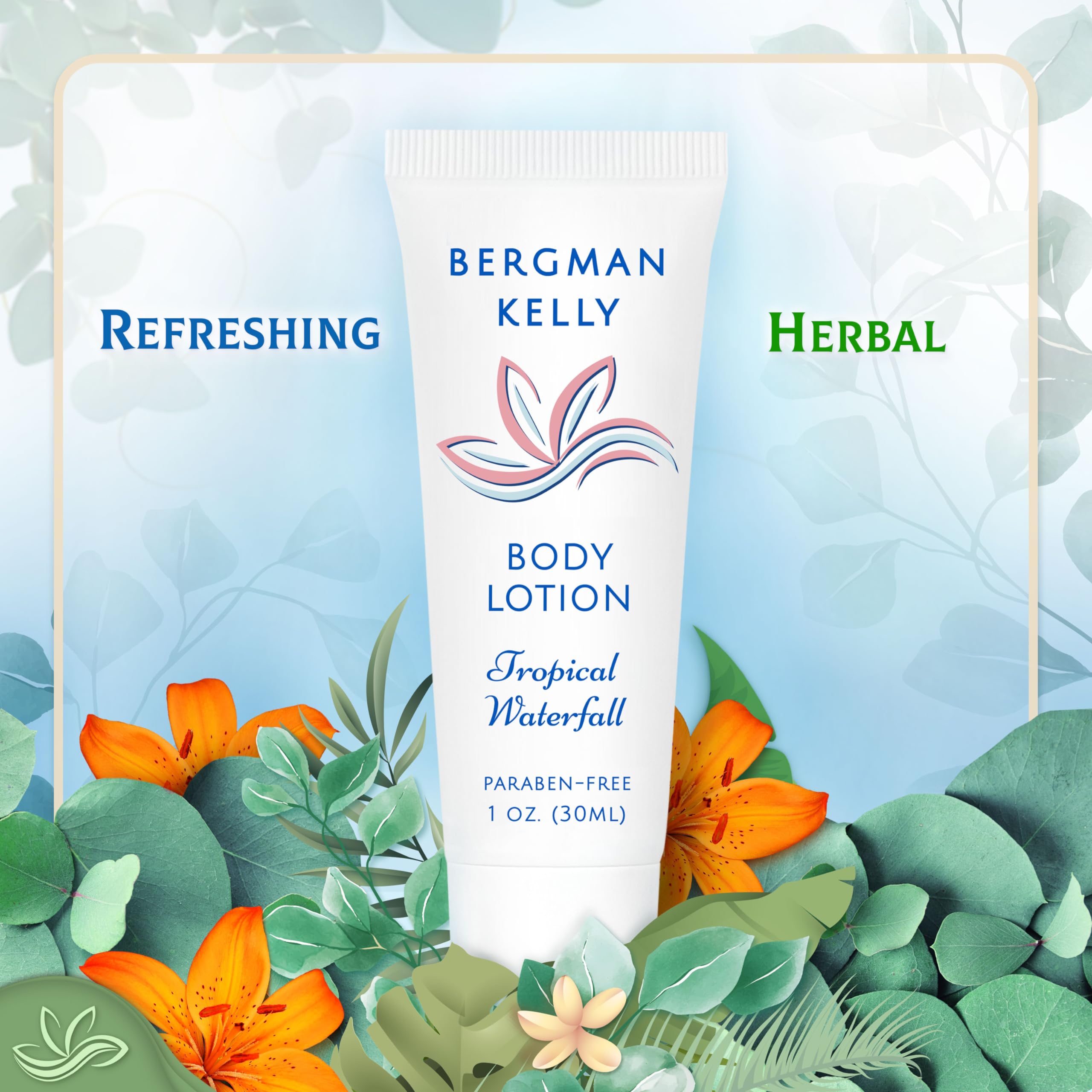 Bergman Kelly Hotel Toiletries Bundle (Tropical Waterfall, 1 Oz Each, 200 Pieces) 4-Piece Set: 50 Rectangular Bar Soap, 50 Shamp