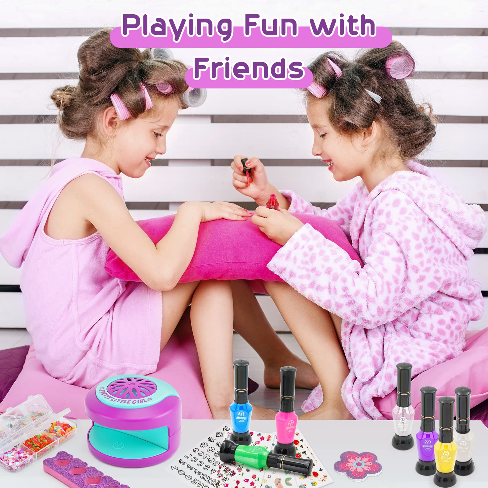 Battop Kids Nail Polish Set For Girls, Nail Art Kit For Girls With Nail Dryer & 2 In 1 Water Based Nail Polish & 3D Decoration &