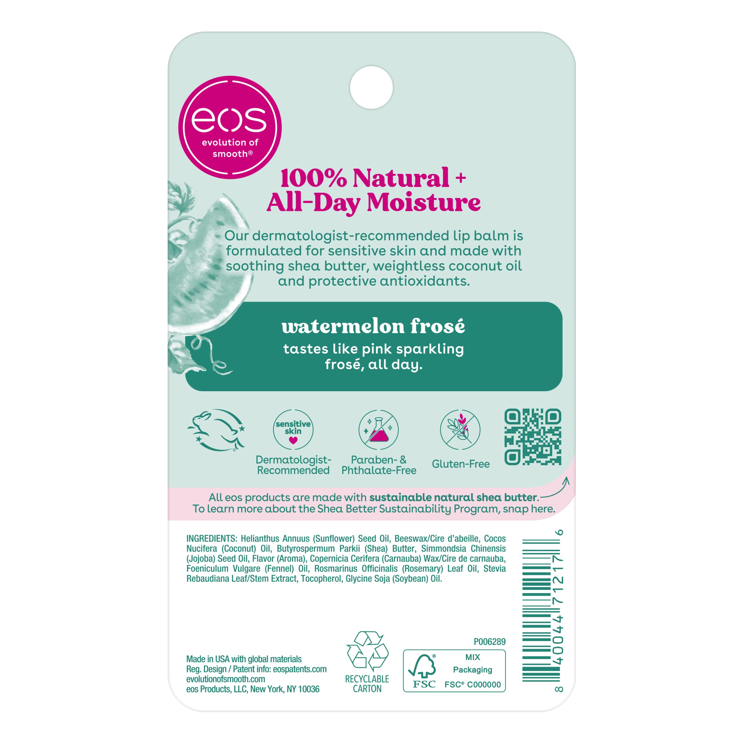 Eos 100% Natural Lip Balm, Watermelon Fros, All-Day Moisture, Lip Care Products, 0.14 Oz, 2-Pack