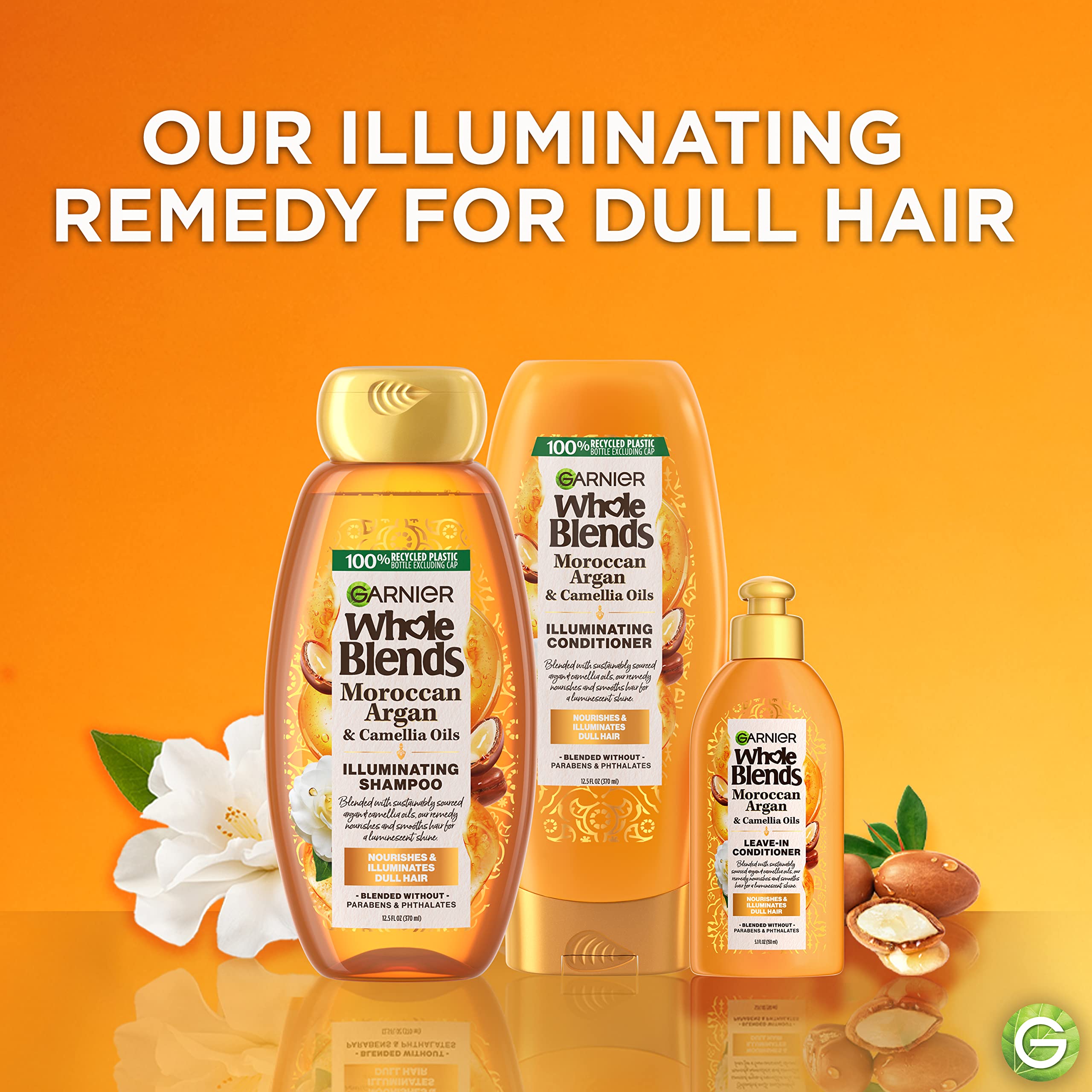 Garnier Whole Blends Moroccan Argan & Camellia Oils Illuminating Shampoo for Silky Shine, 12.5 Fl Oz, 3 Count (Packaging May Var