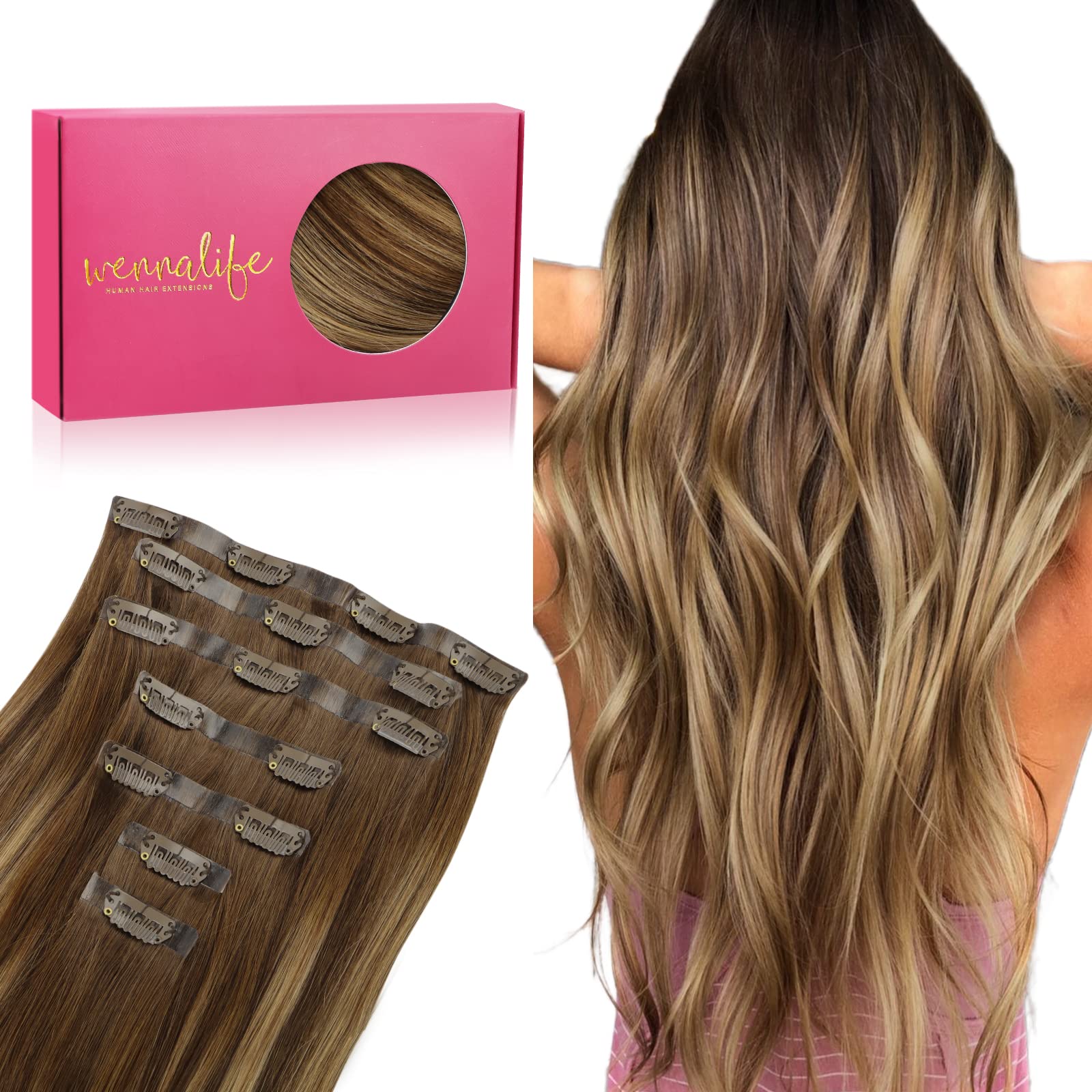 Wennalife Seamless Clip In Hair Extensions, 22 Inch 150G 7Pcs Balayage Chocolate Brown To Caramel Blonde Hair Extensions Clip In