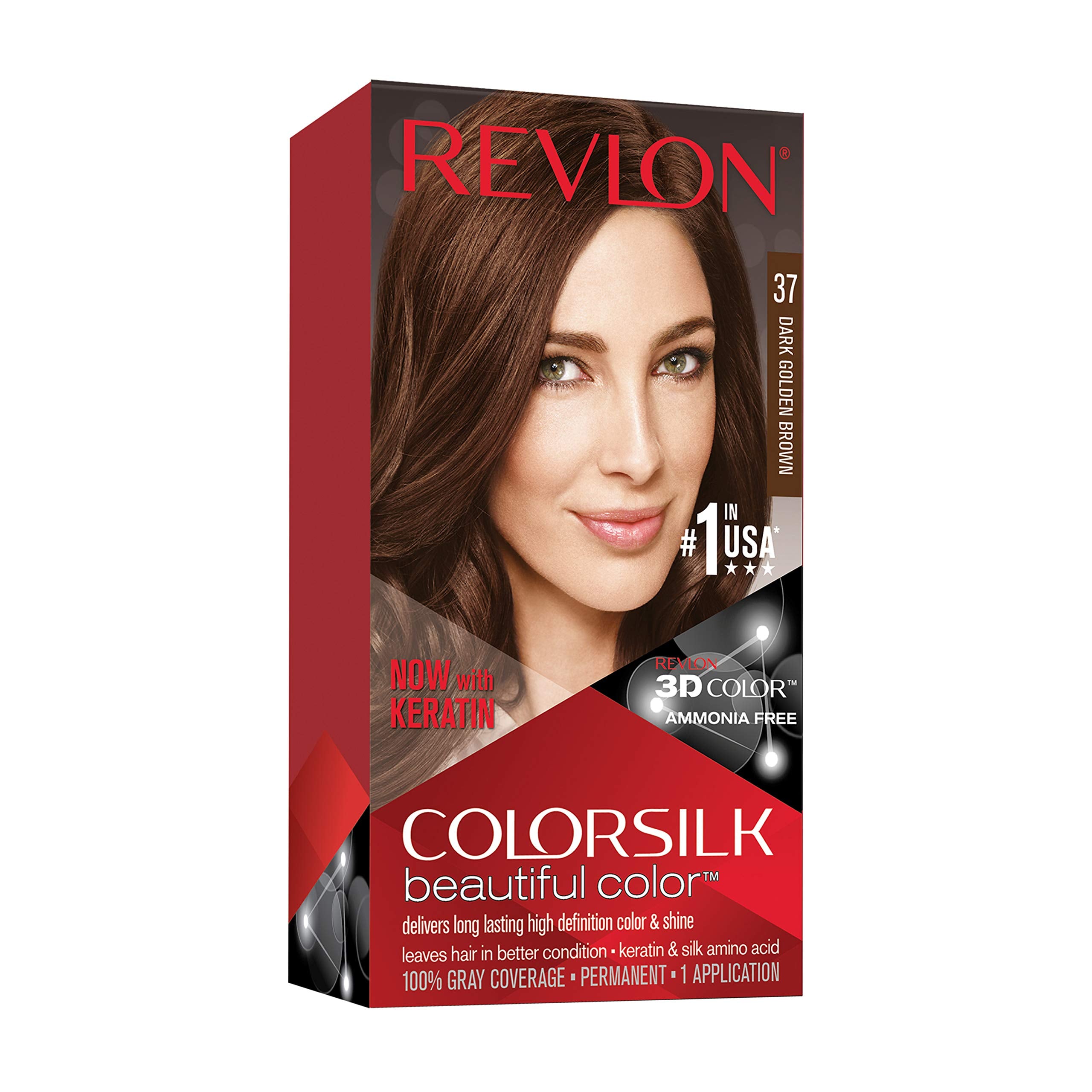 Revlon Colorsilk Beautiful Color Permanent Hair Color With 3D Gel Technology & Keratin, 100% Gray Coverage Hair Dye, 37 Dark Gol
