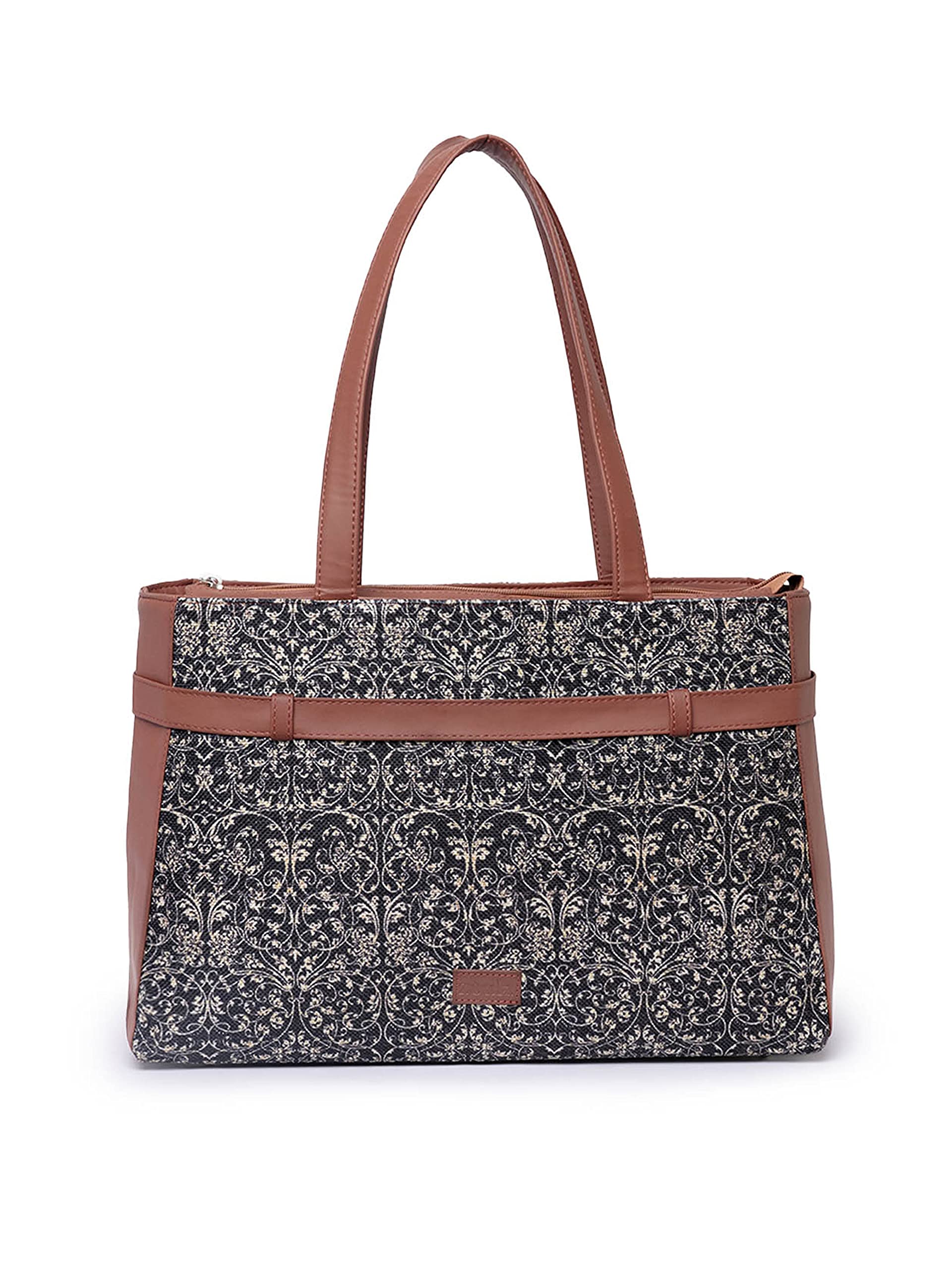 Zouk Lattice Lace Mesh Printed WomenS Jute Handcrafted Vegan Leather Black Statement Office Shoulder Bag