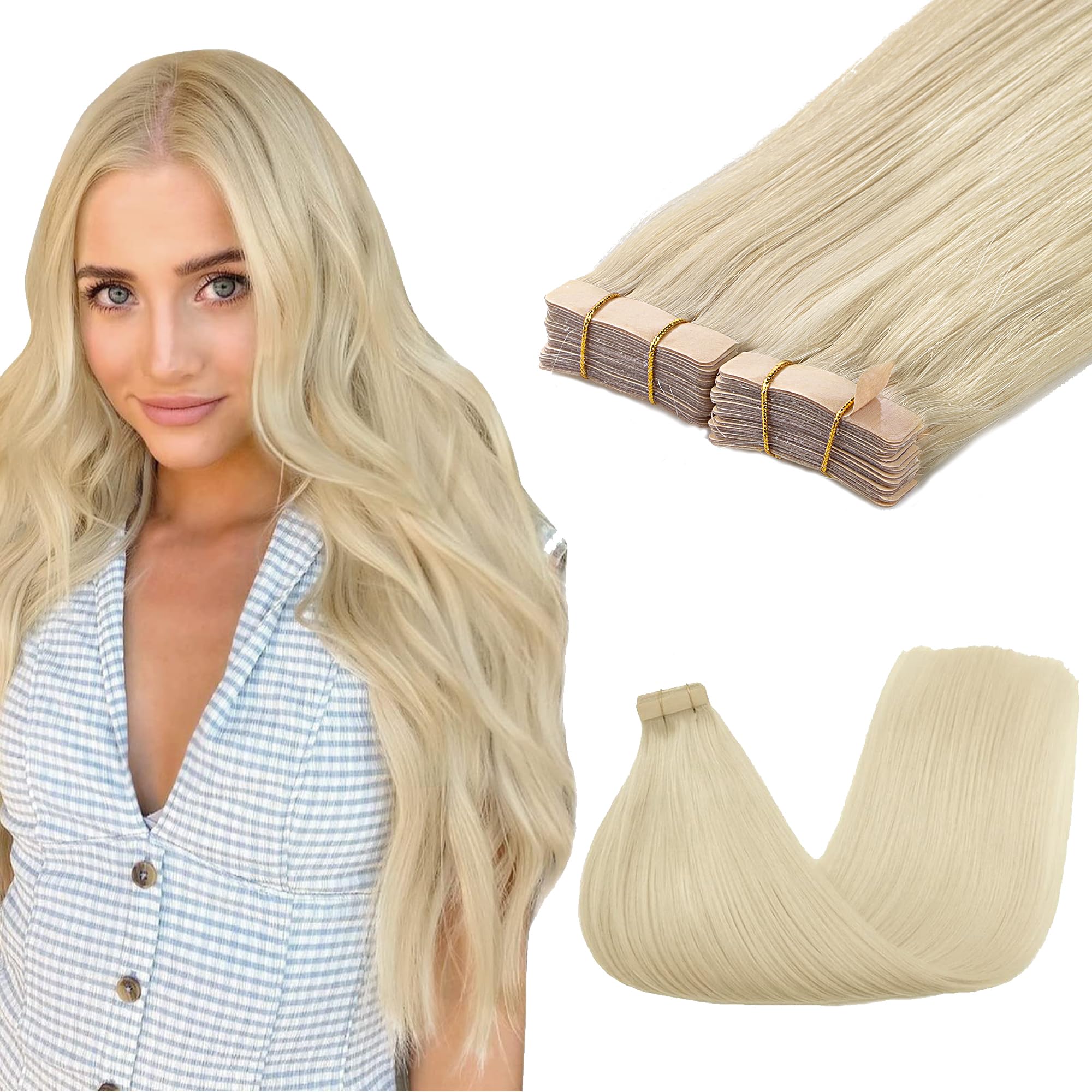 Goo Goo Tape In Hair Extensions Human Hair, 60A Platinum Blonde, 20Inch 100G 40Pcs, Thick Ends Straight Seamless Tape In, Invisi