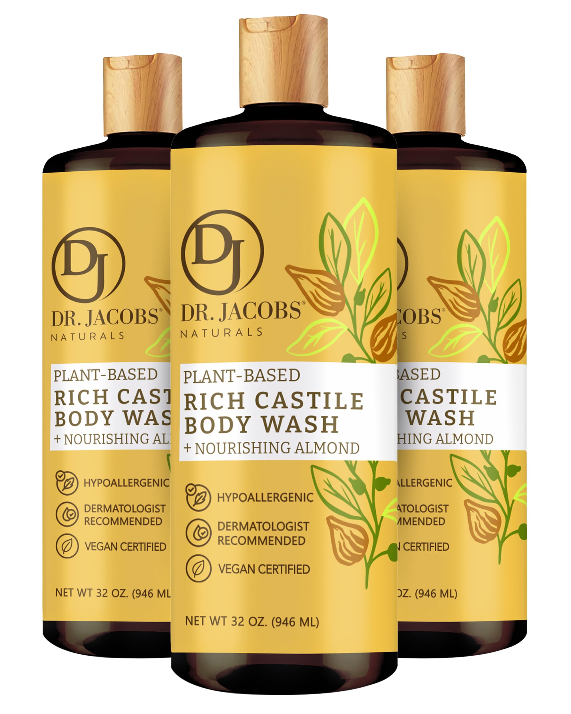 Dr Jacobs Naturals Pure Castile Liquid Soap Gel - Moisturizing (Almond Honey, 32 Oz 3-Pack) Made With Premium Organic Oils - Veg