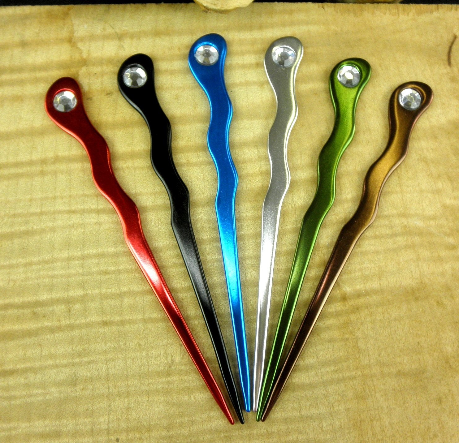 (6) Anodized Colored Aluminum Spiral 6 Hair Sticks with Rhinestones Pick Pic Pin Fork