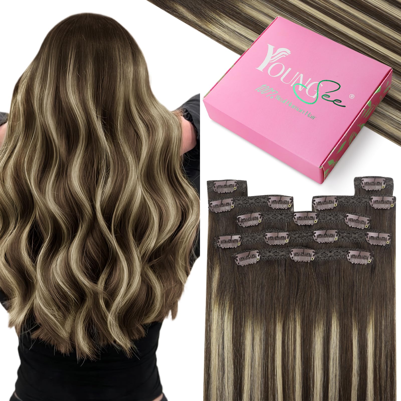 YoungSee 150G Clip in Extensions Human Hair Brown Balayage Hair Extensions Clip ins Chocolate Brown with Ash Blonde Balayage Cli