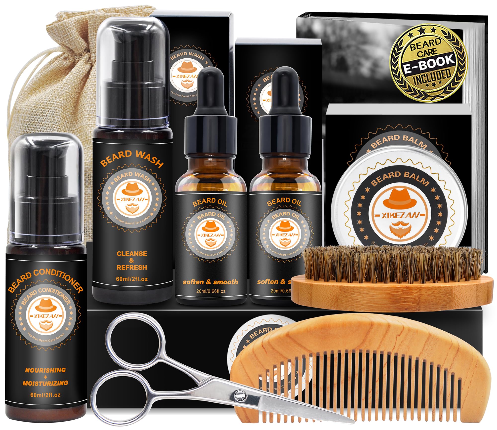 Upgraded Beard Grooming Kit W/Beard Conditioner,Beard Oil,Beard Balm,Beard Brush,Beard Wash,Beard Comb,Beard Scissor,Bag,E-Book,
