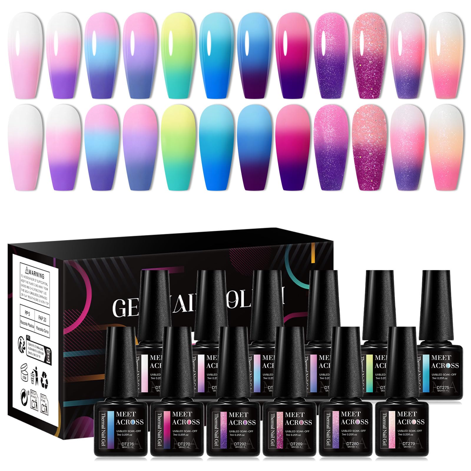 MEET ACROSS 12Pcs Color Changing Gel Nail Polish Set Temperature Color Changing Gel Polish Pink Sky Blue Green Glitter Temperatu