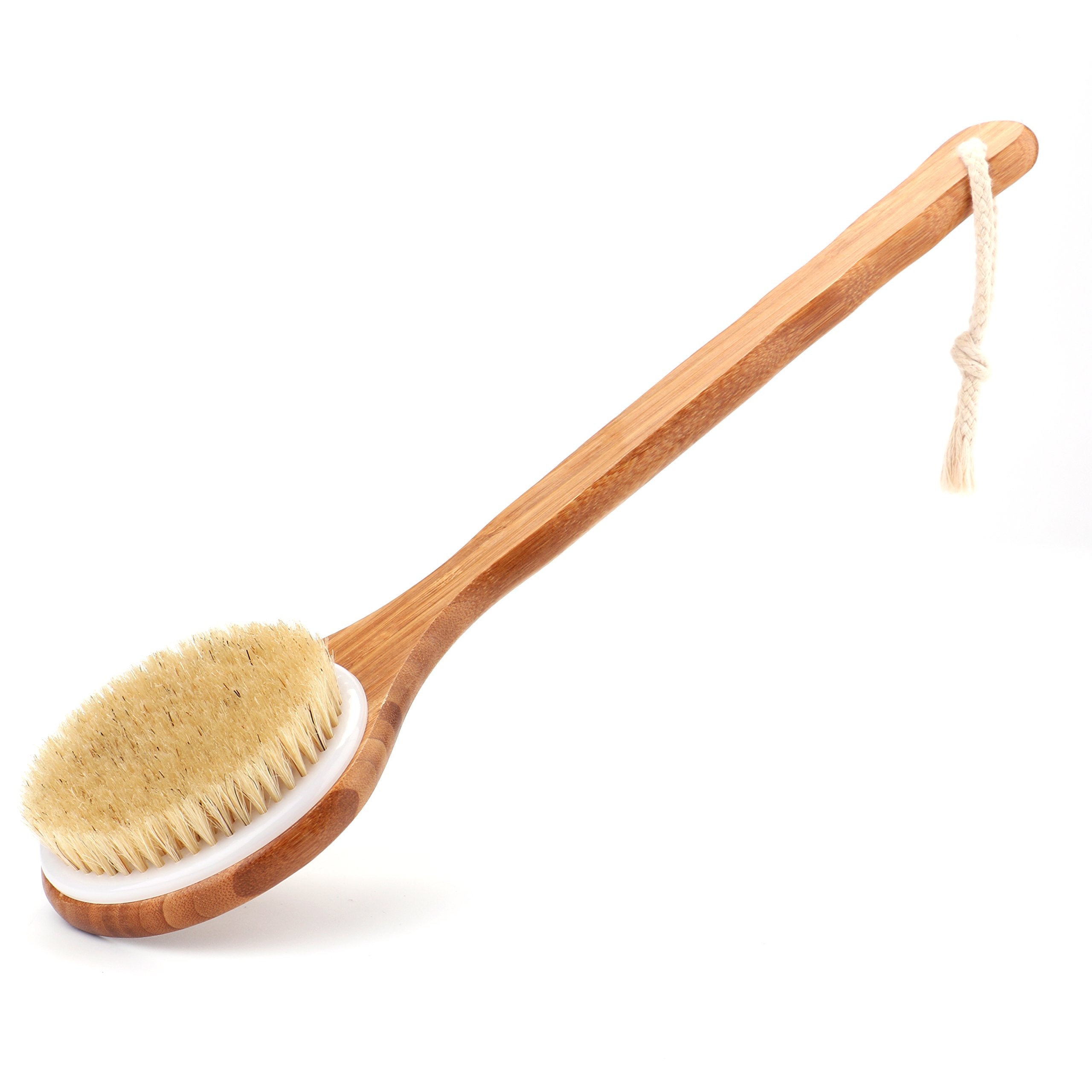 Shower Brush With Natural Bristle - Long Bamboo Handle Bath Body Brush For Wet Or Dry Brushing - Improves Blood Circulation, Exf