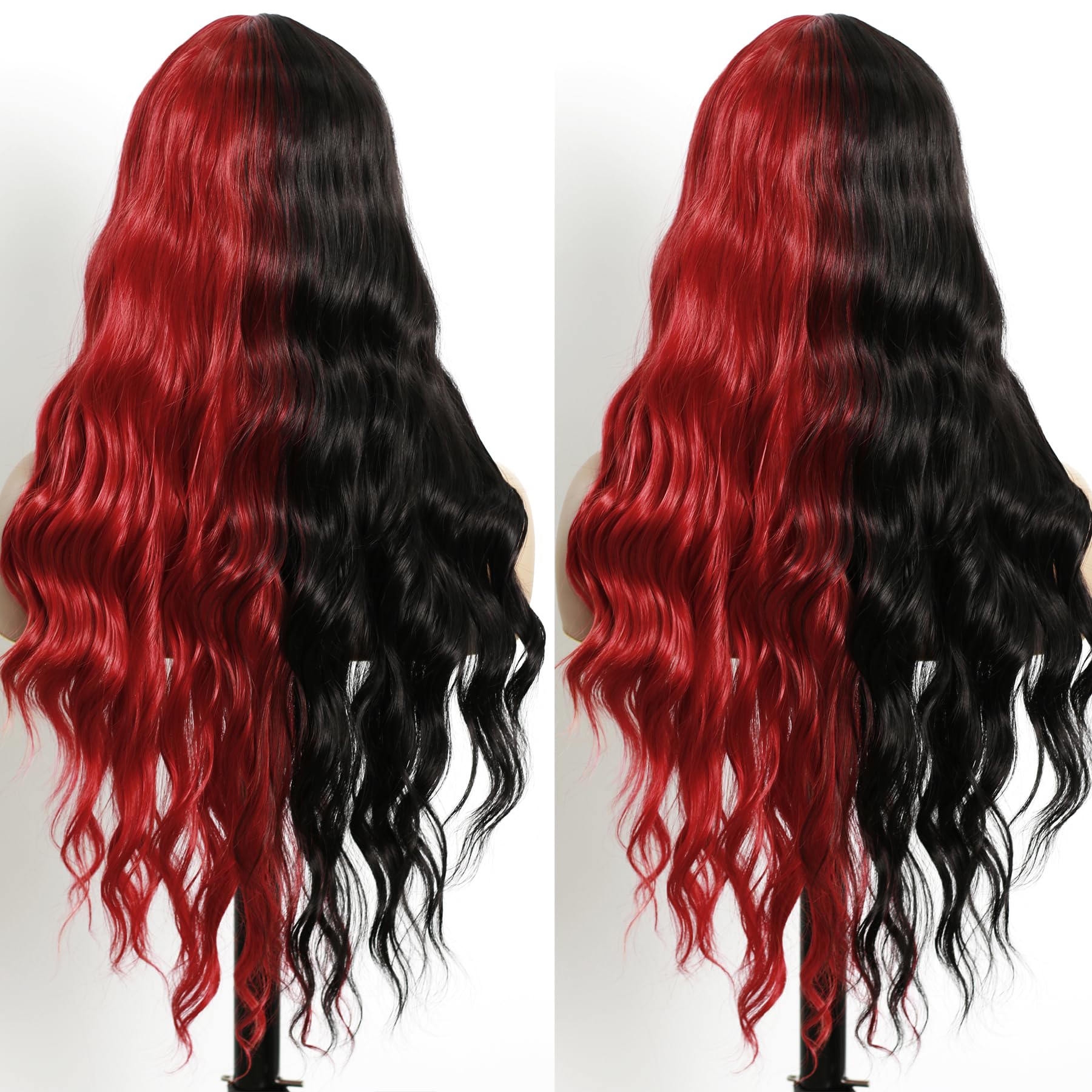 Evlynn Red & Black Wigs With Bangs Long Loose Wavy Curly Hair Synthetic Fiber Glueless No Lace Wig For Women (Red & Balck, 24 In