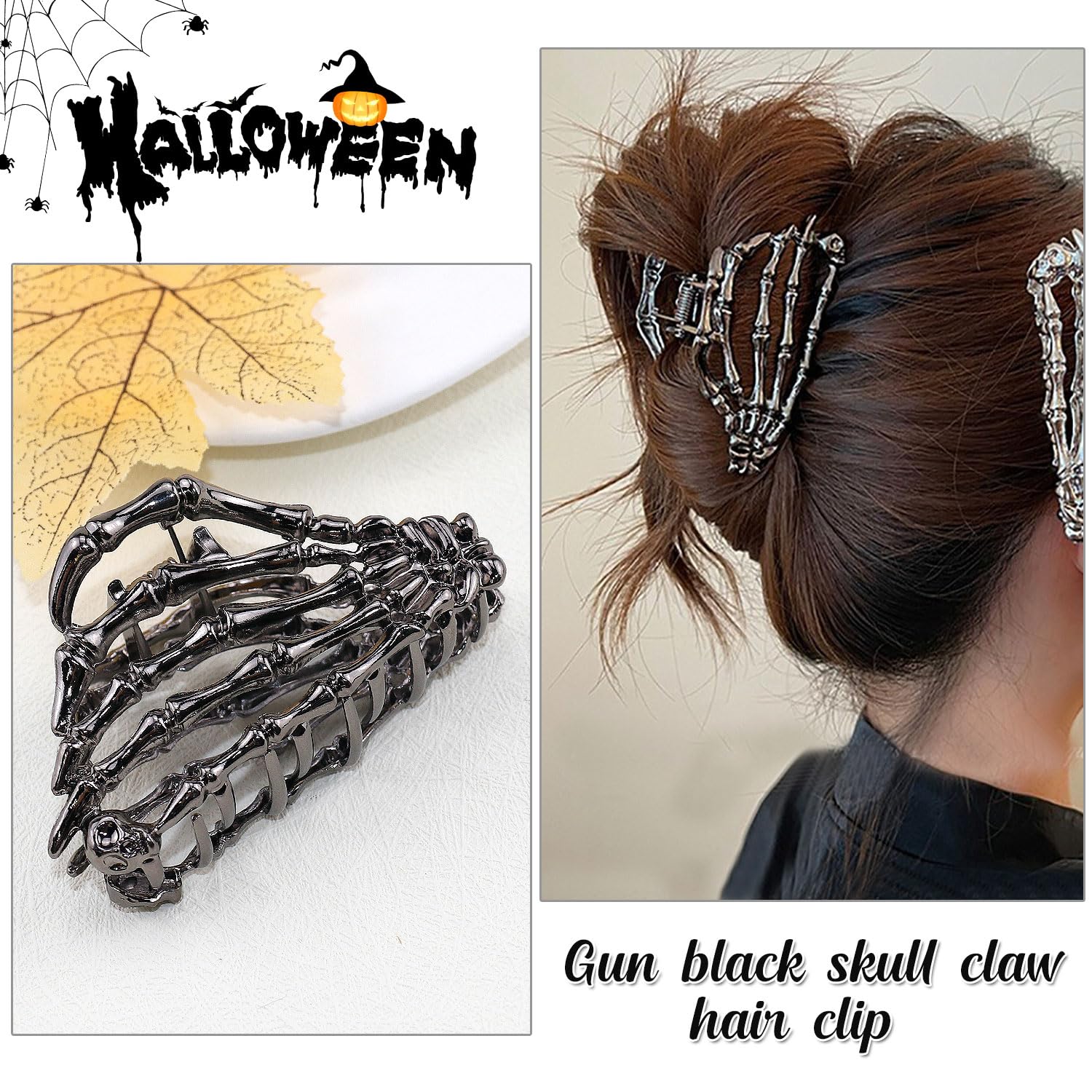 Skeleton Hand Metal Hair Claw Clips Alloy Hair Claw Clips, 1Pcs Gunmetal Hand Skull Metal Hair Clip for Thin Hair Punk & Y2K-Sty