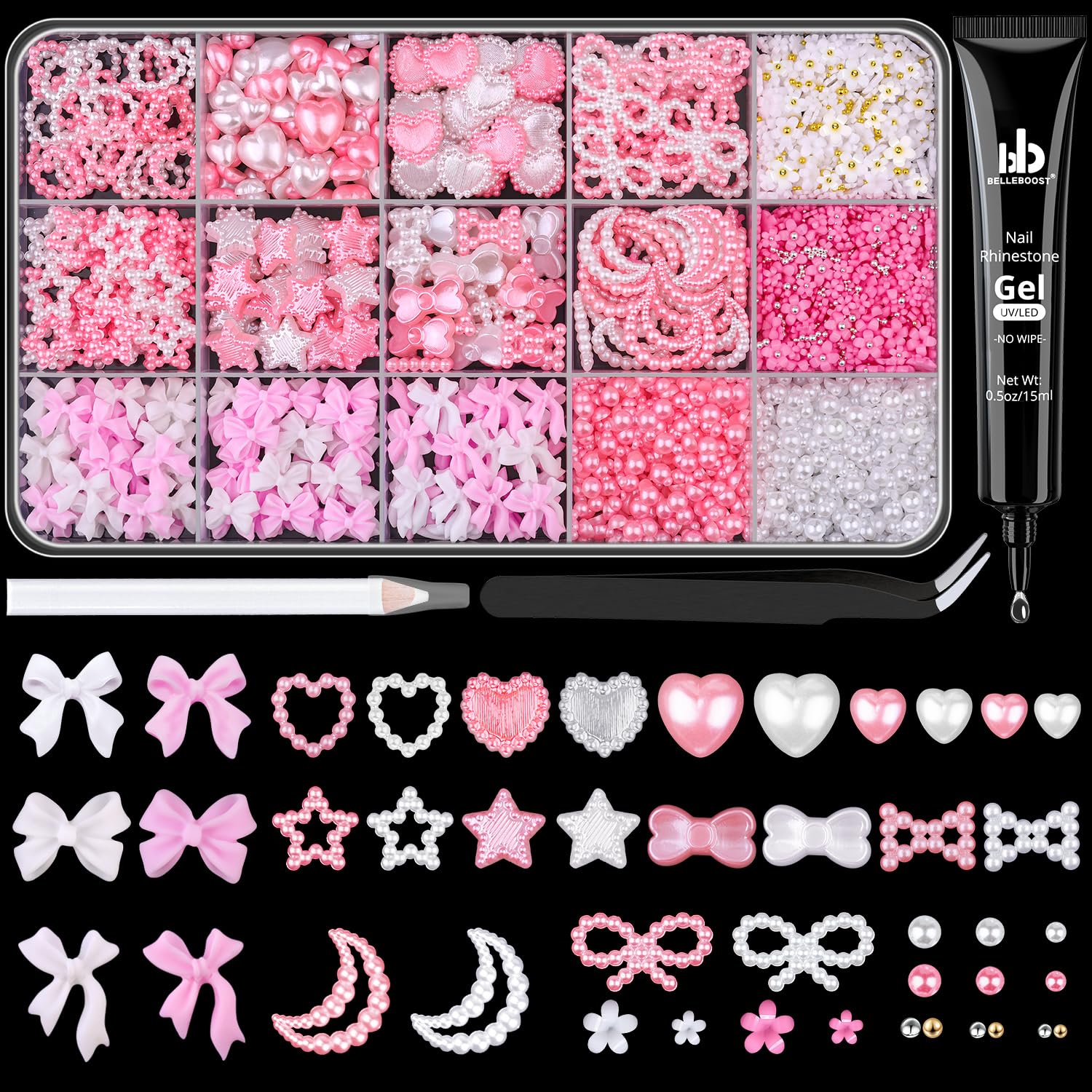 3D Nail Charms for Coquette Nails Design with Rhinestone Glue Set 2, White Pink Nail Bow Charms + Pearl Heart Star Moon Bowknot 