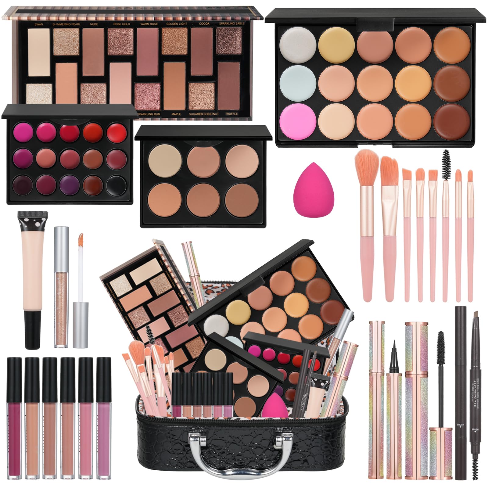 All In One Makeup Kit For Girls Gift, Makeup Kit For Women Full Kit Includes Sponge Eyeshadow Liquid Lipstick Concealer Eyeliner