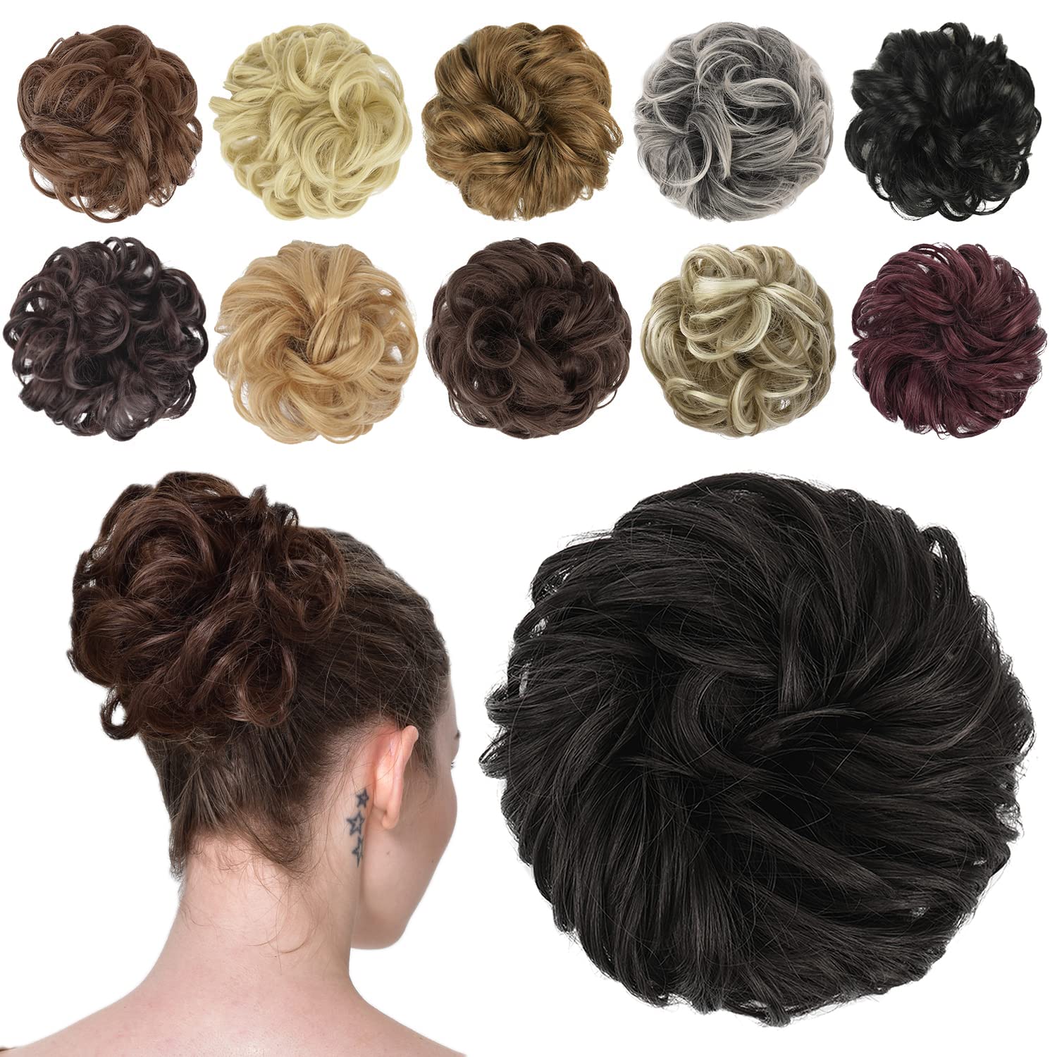 FESHFEN Messy Bun Hair Piece Hair Bun Scrunchies Darkest Brown Synthetic Wavy Chignon Ponytail Hair Extensions Thick Updo Hairpi